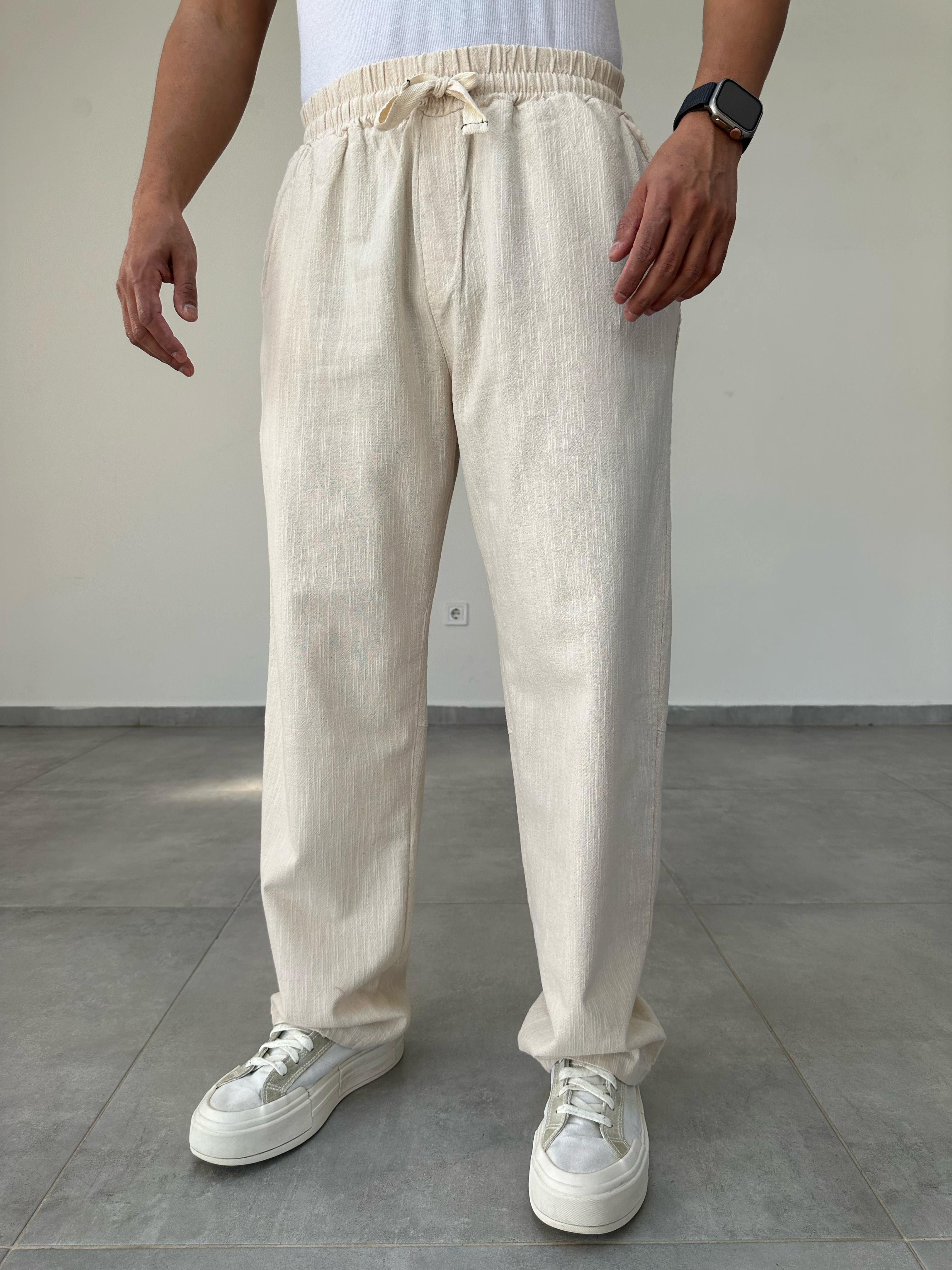 Bej Renk Nakış Detaylı Ham Keten Baggy Pantolon