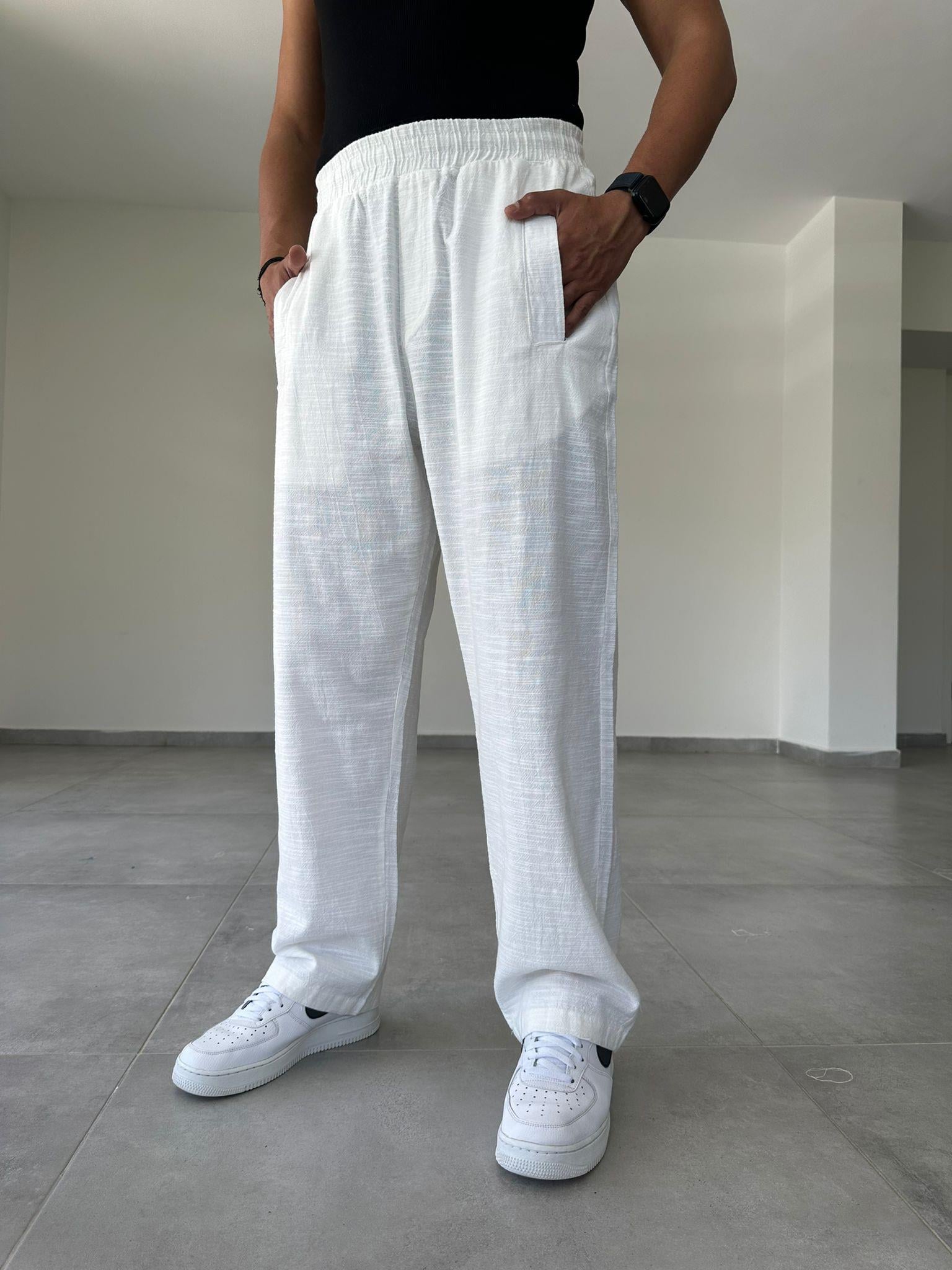 Beyaz Baggy Kesim Keten Pantolon