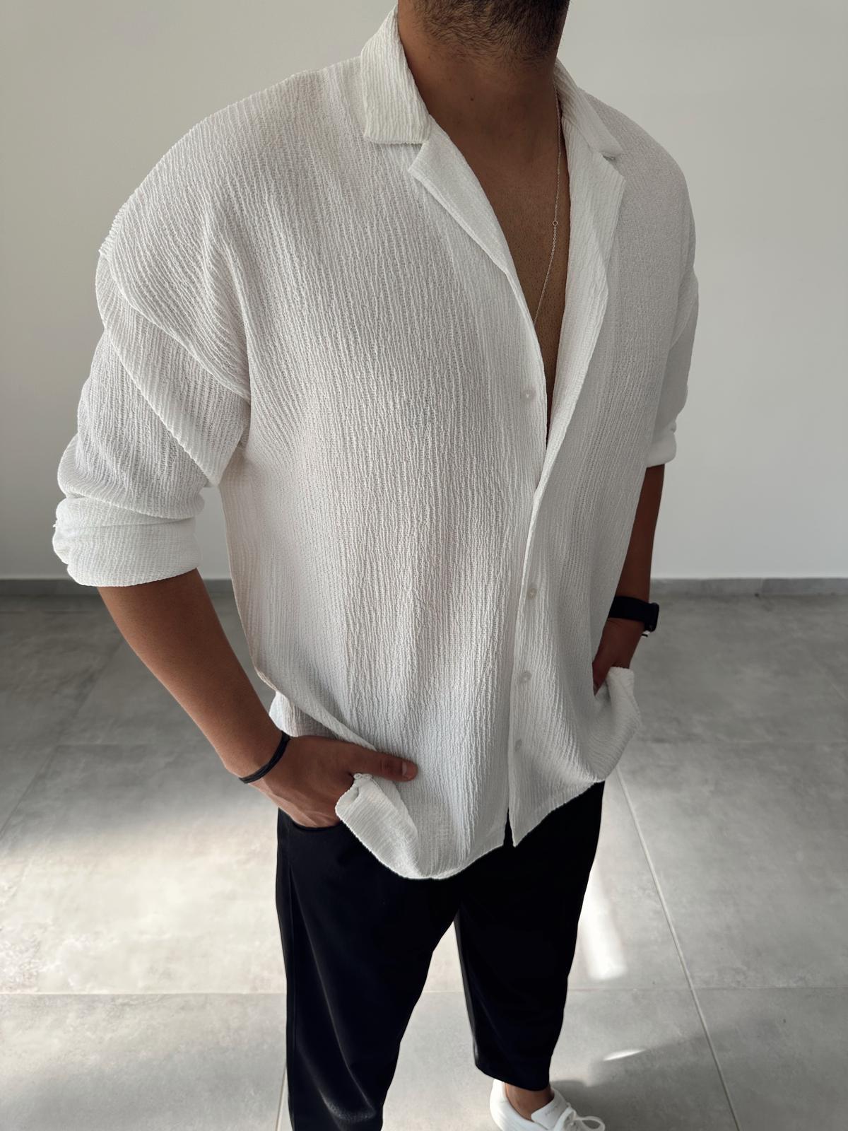 Beyaz Renk Dokulu Oversize  Gömlek