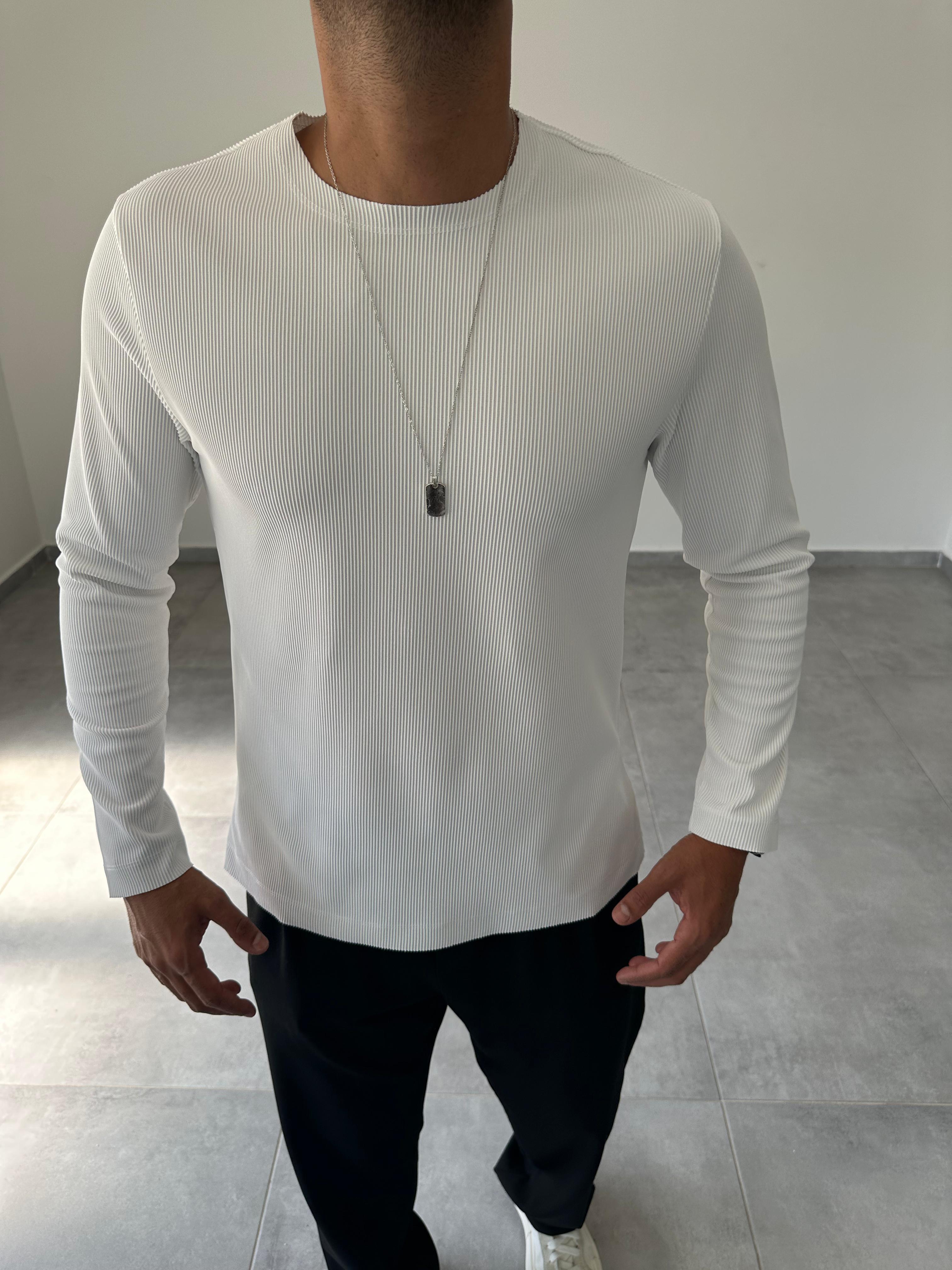 Beyaz Renk Kesik Yaka Detaylı Ottoman Kumaş Sweatshirt