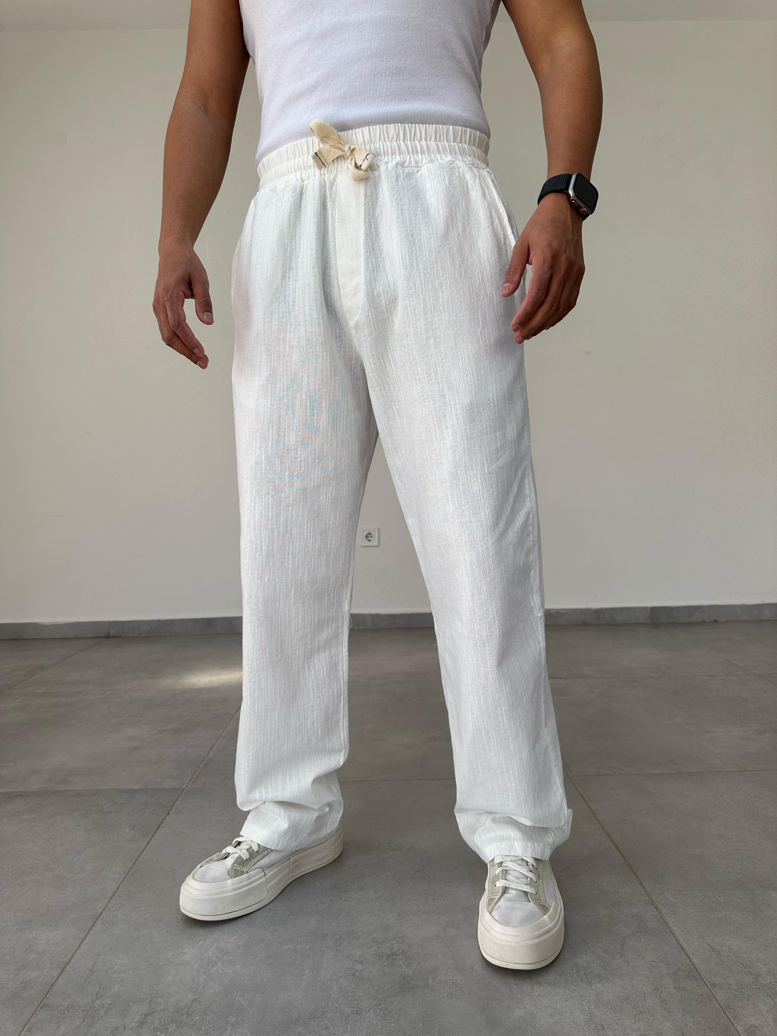 Beyaz Renk Nakış Detaylı Ham Keten Baggy Pantolon