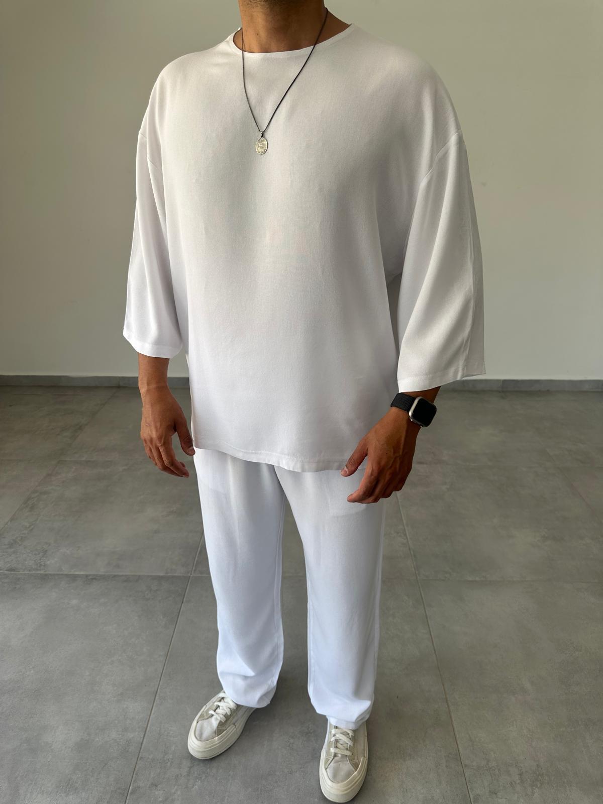 Beyaz Renk Ön Kısmı Pileli Ham Keten Baggy Kesim Pantolon
