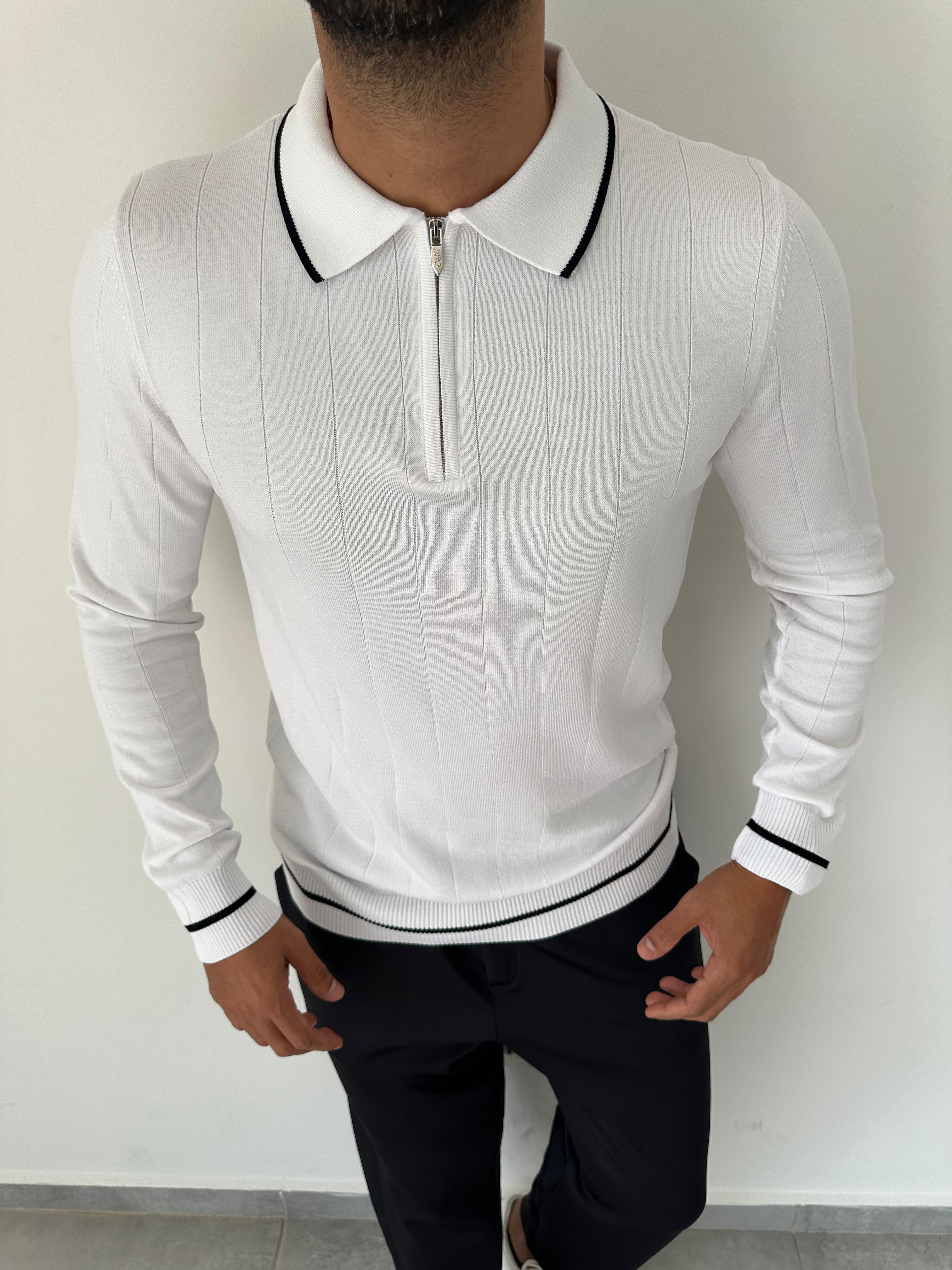 Beyaz Renk Polo Yaka Fitilli Triko Sweatshirt