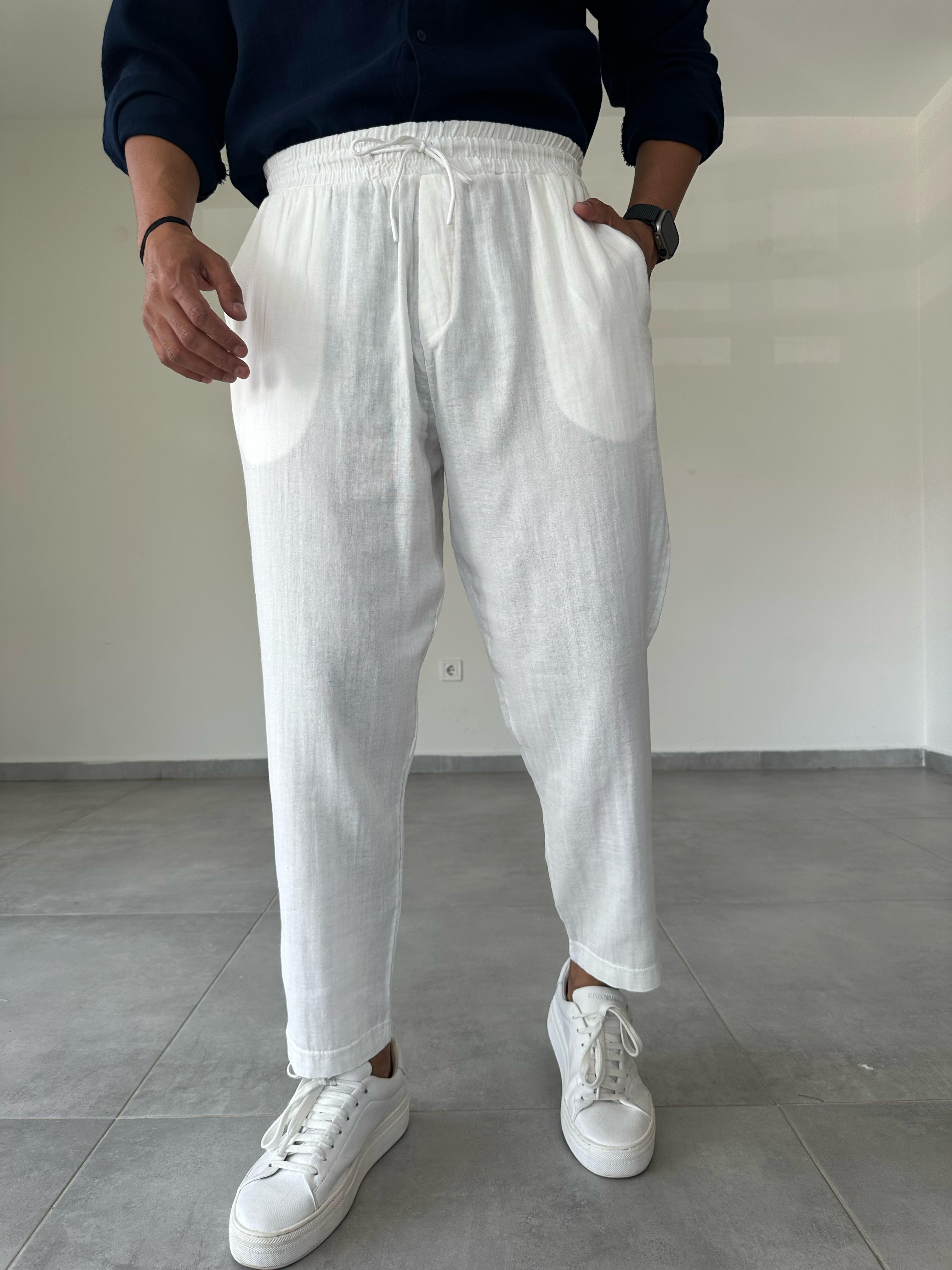 Beyaz Renk Relax Fit Müslin Keten Pantolon