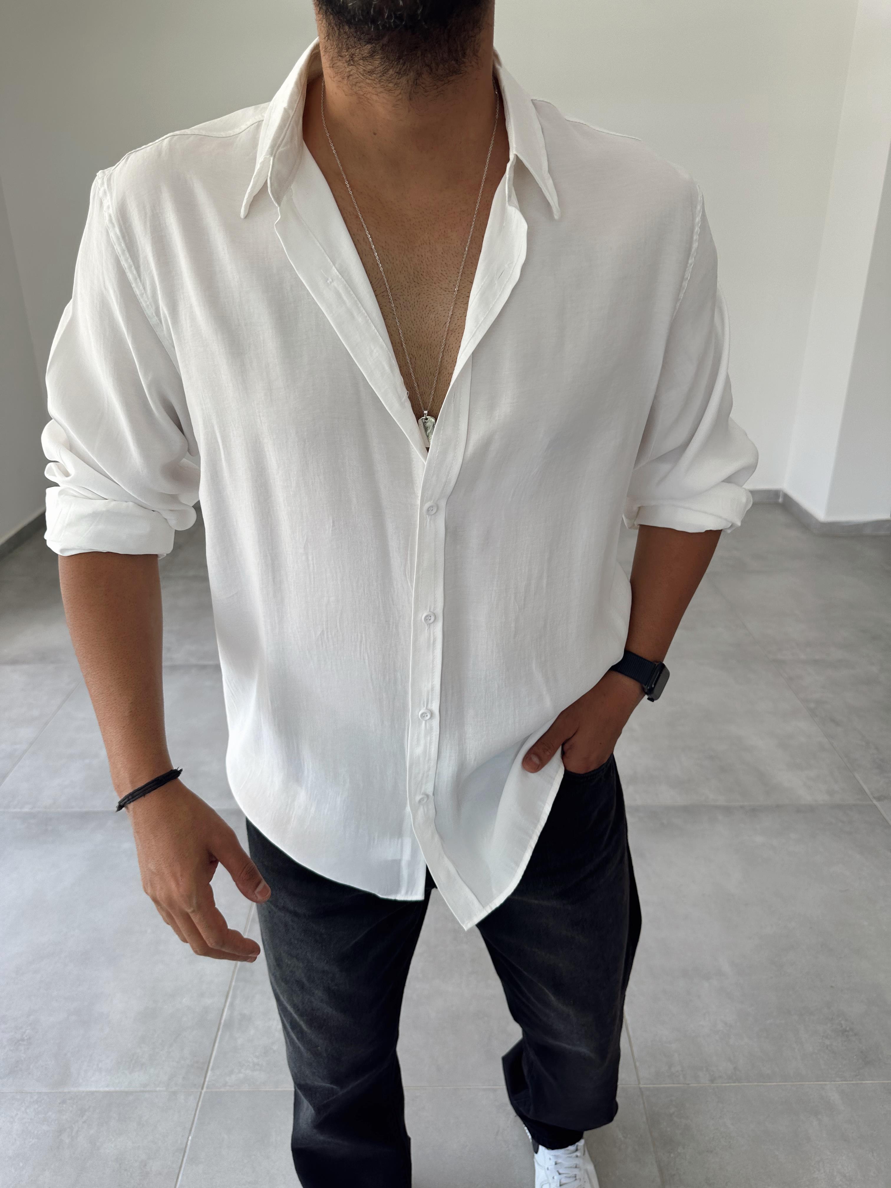 Beyaz Tensel Kumaş Oversize Gömlek