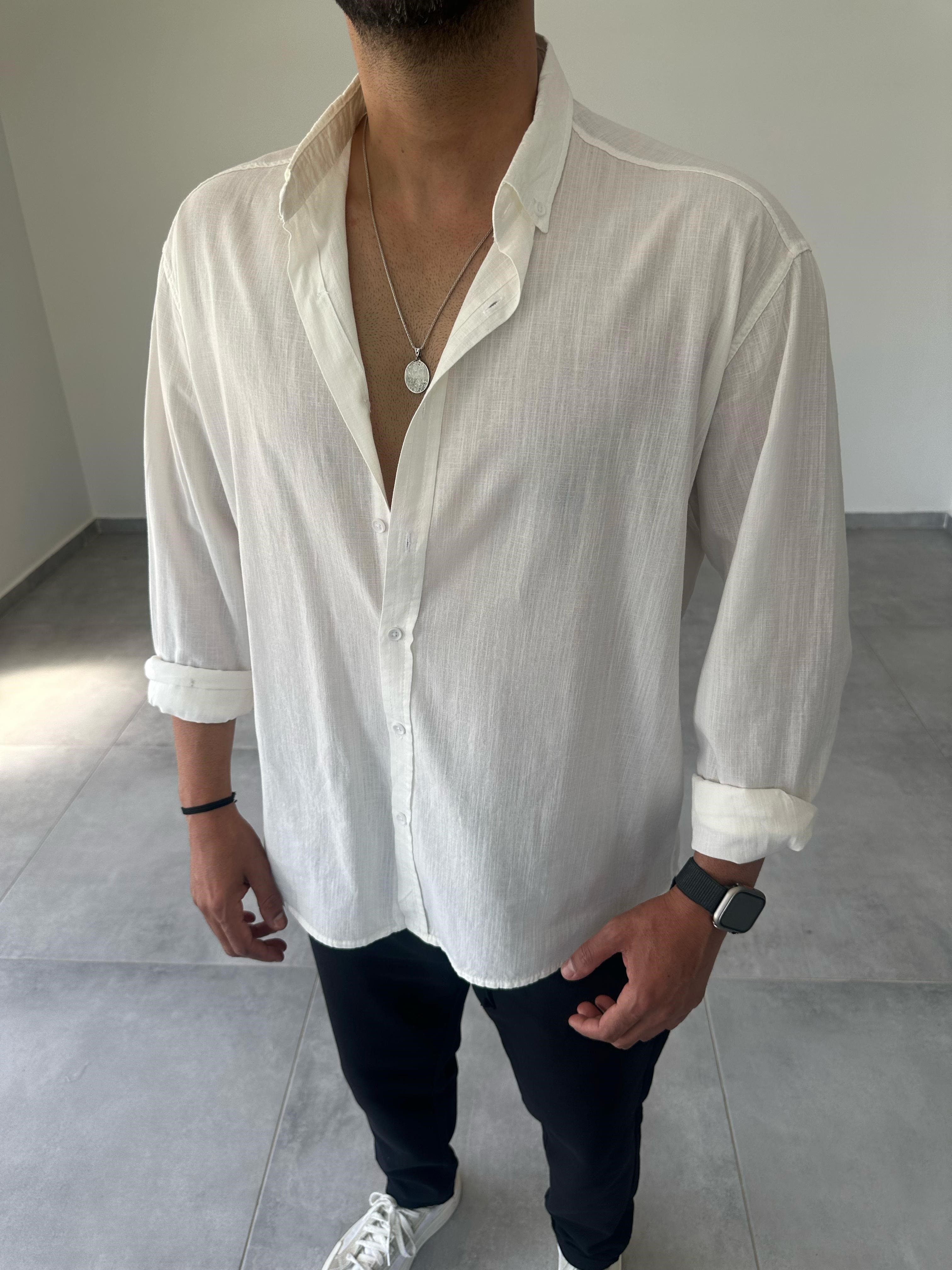 Beyaz Renk Oversize Kesim Fresh Keten Gömlek