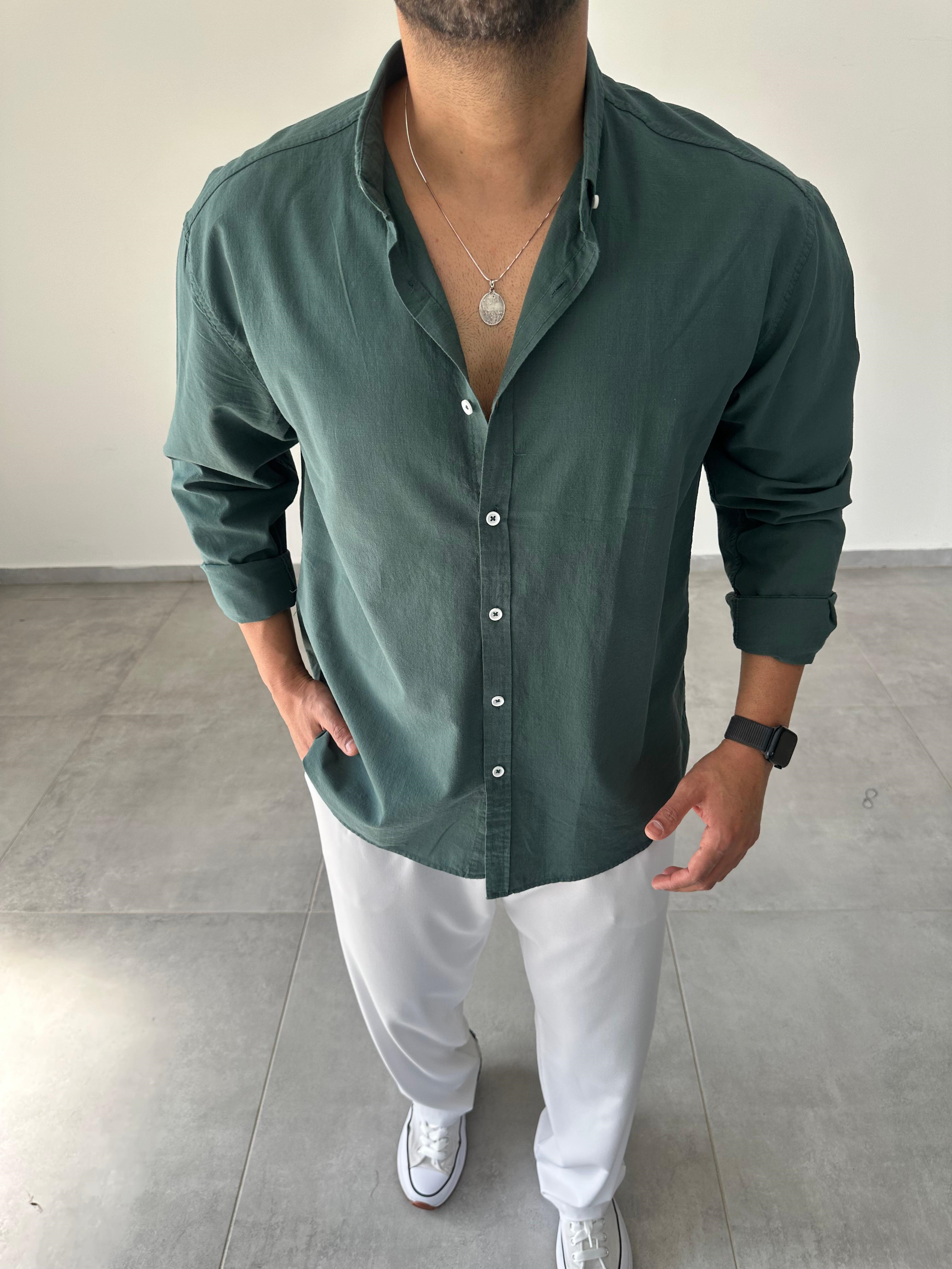 Zümrüt Yeşili  Oversize Kesim Fresh Keten Gömlek