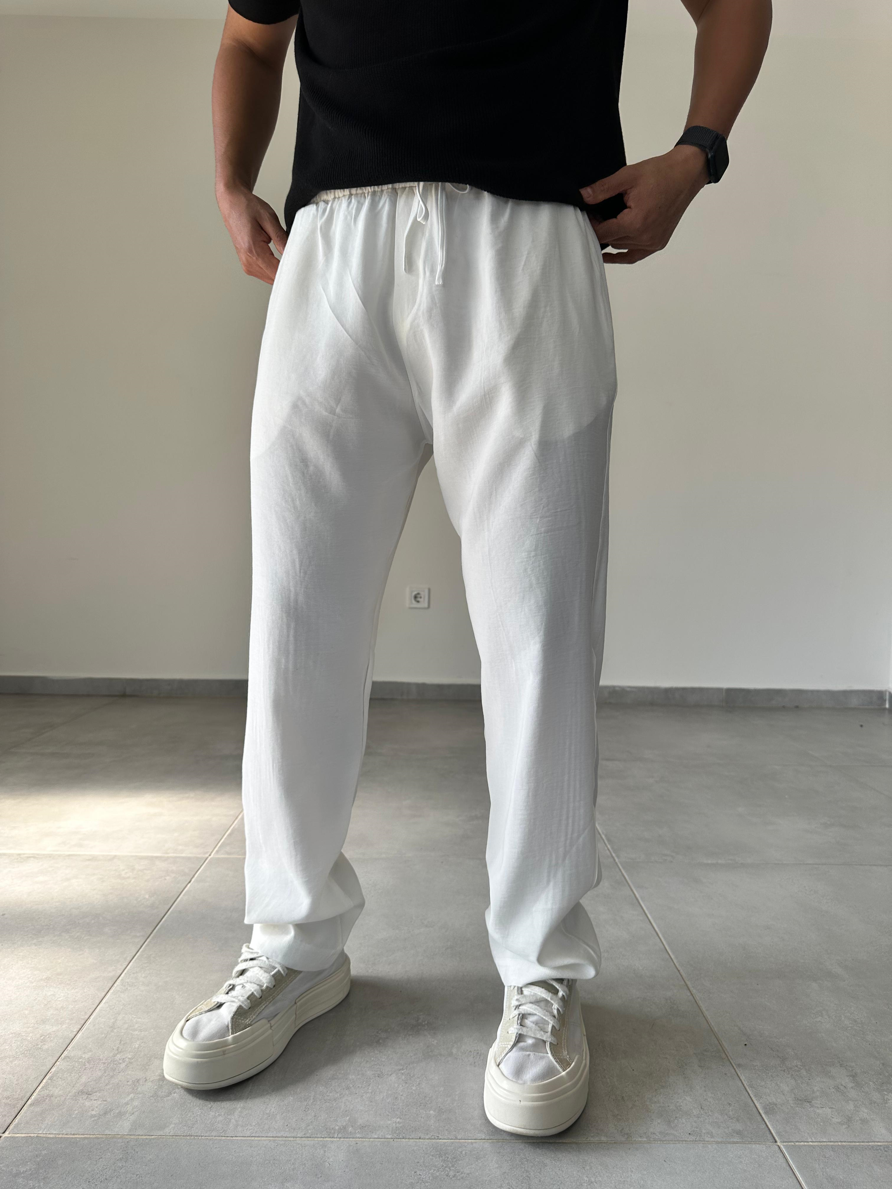 Modal Kumaş Beyaz Renk Basic Baggy Pantolon