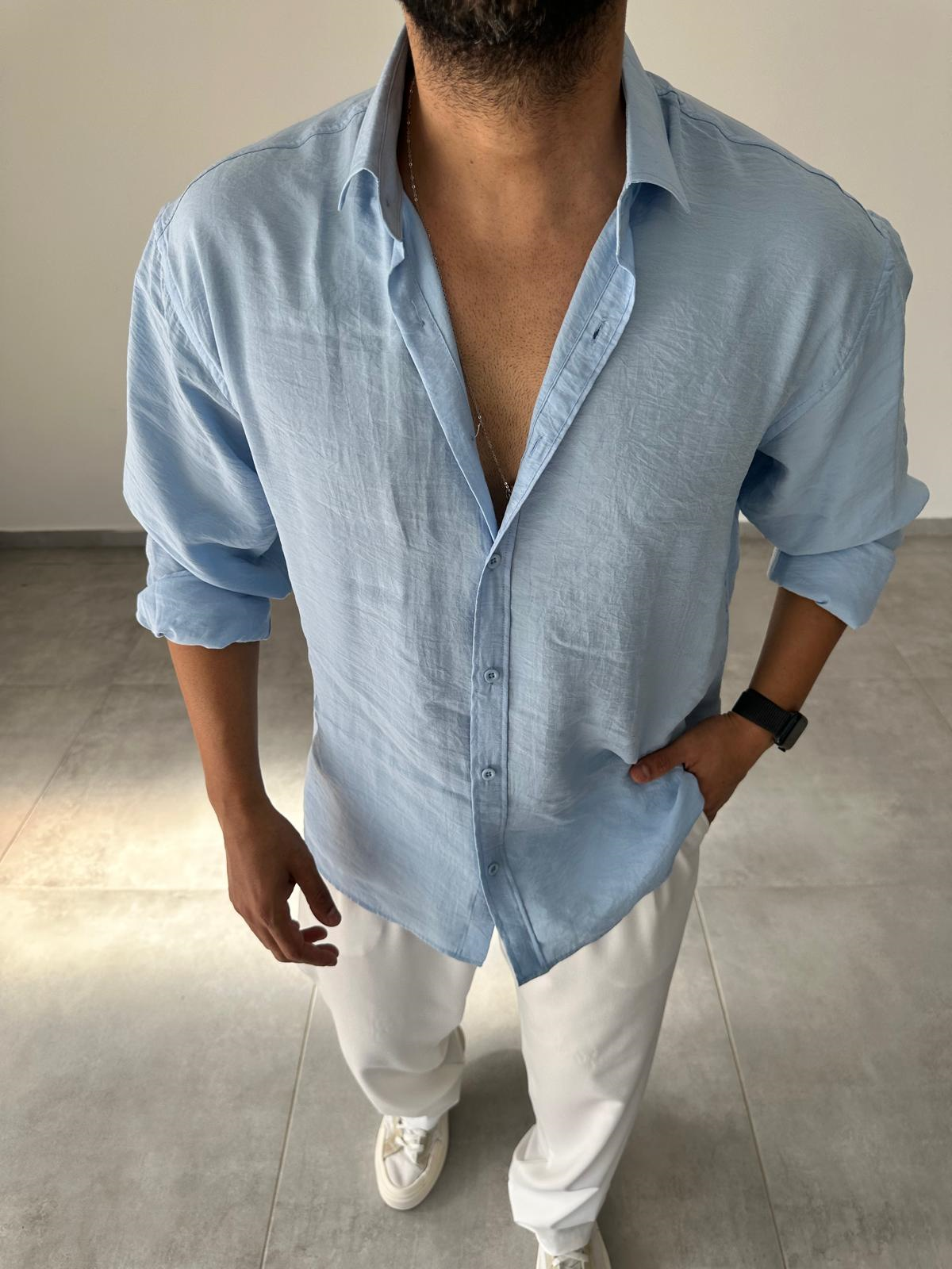 Modal Kumaş Bebe Mavisi Renk Oversize Kesim Gömlek