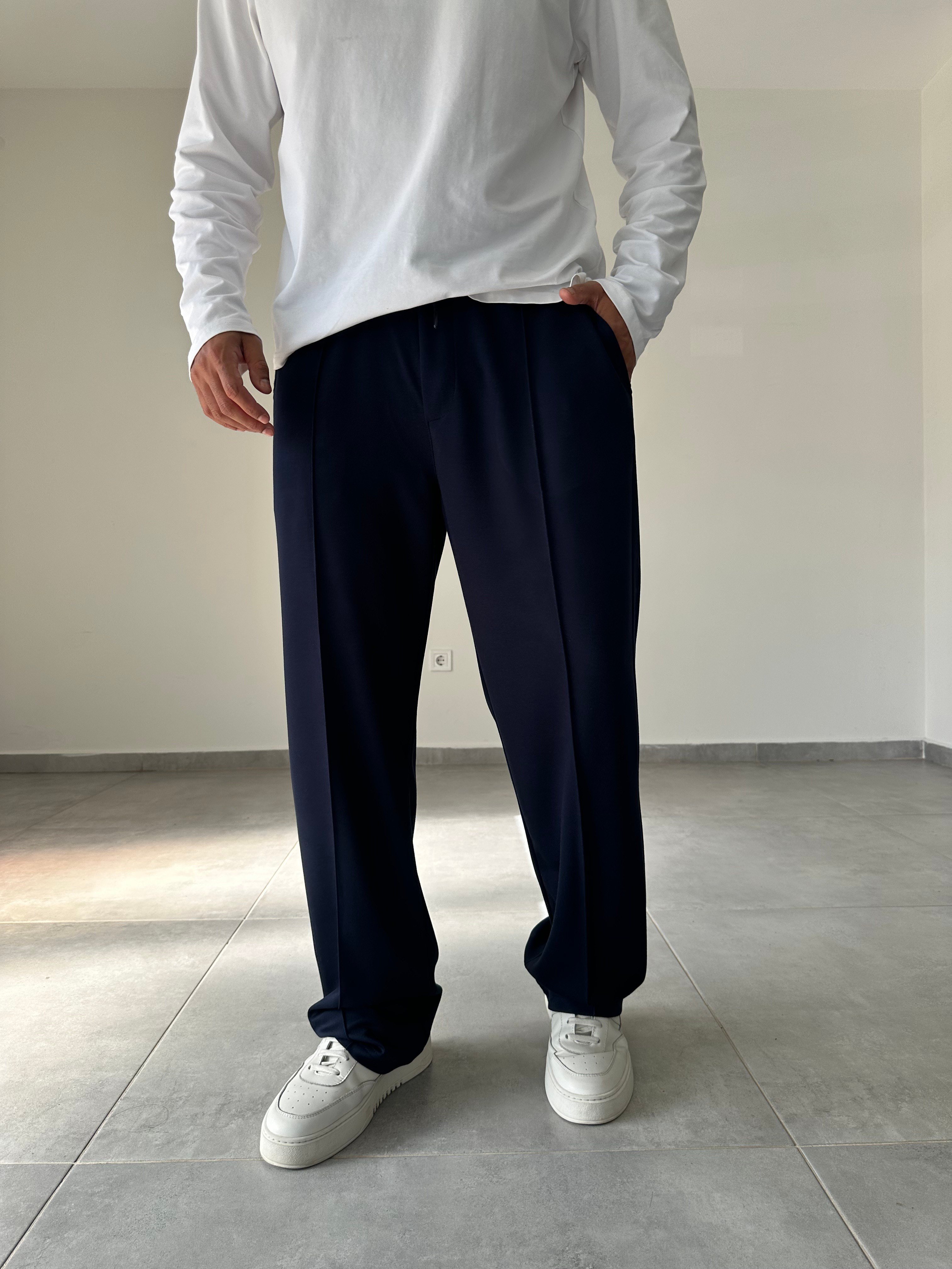 Lacivert Renk Modal Kumaş Ön Kısmı Çımalı Basic Baggy Pantolon
