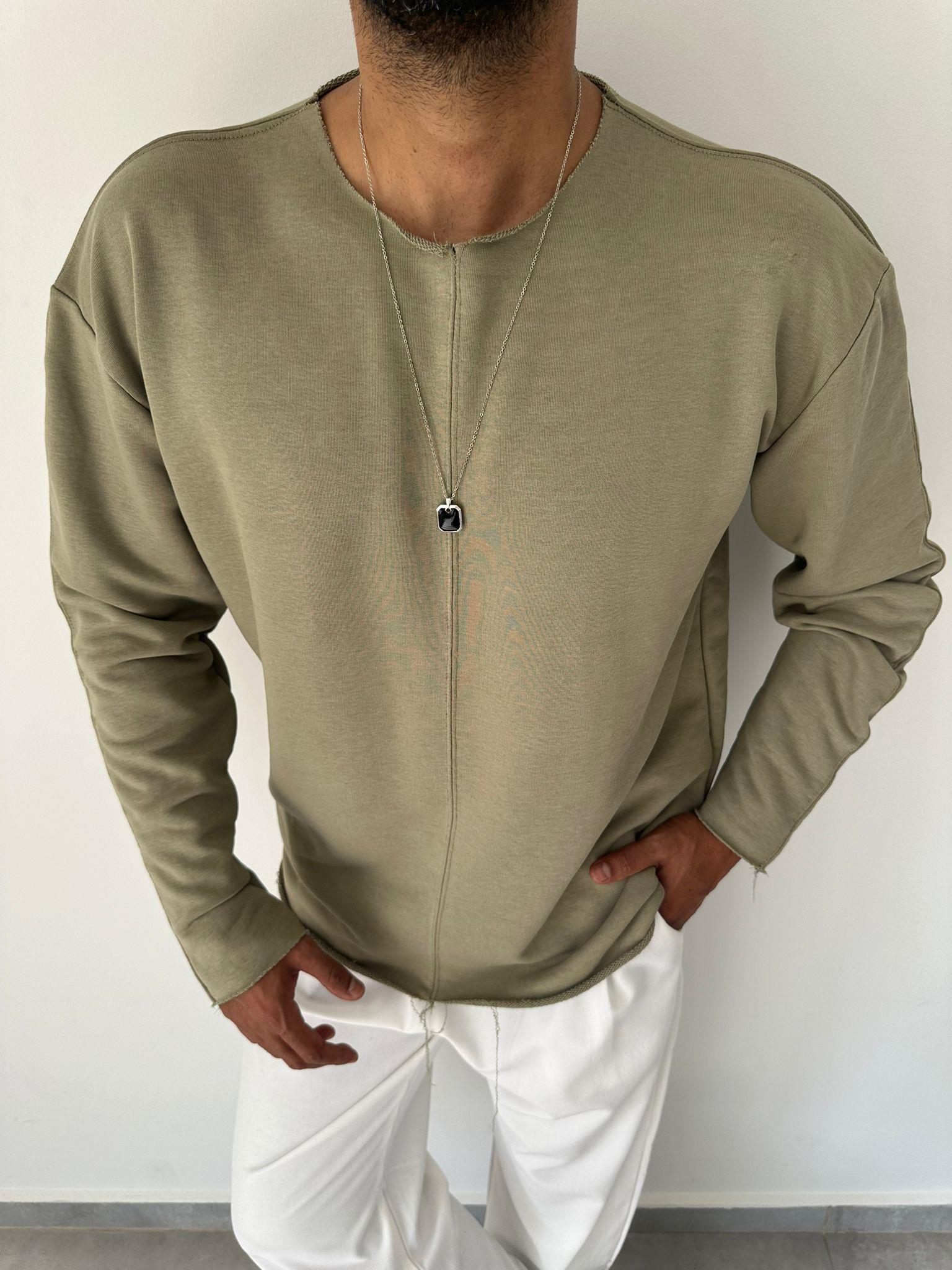 Çağla Renk Kesik Yaka Ve Dikiş Detaylı Oversize Kesim Sweatshirt