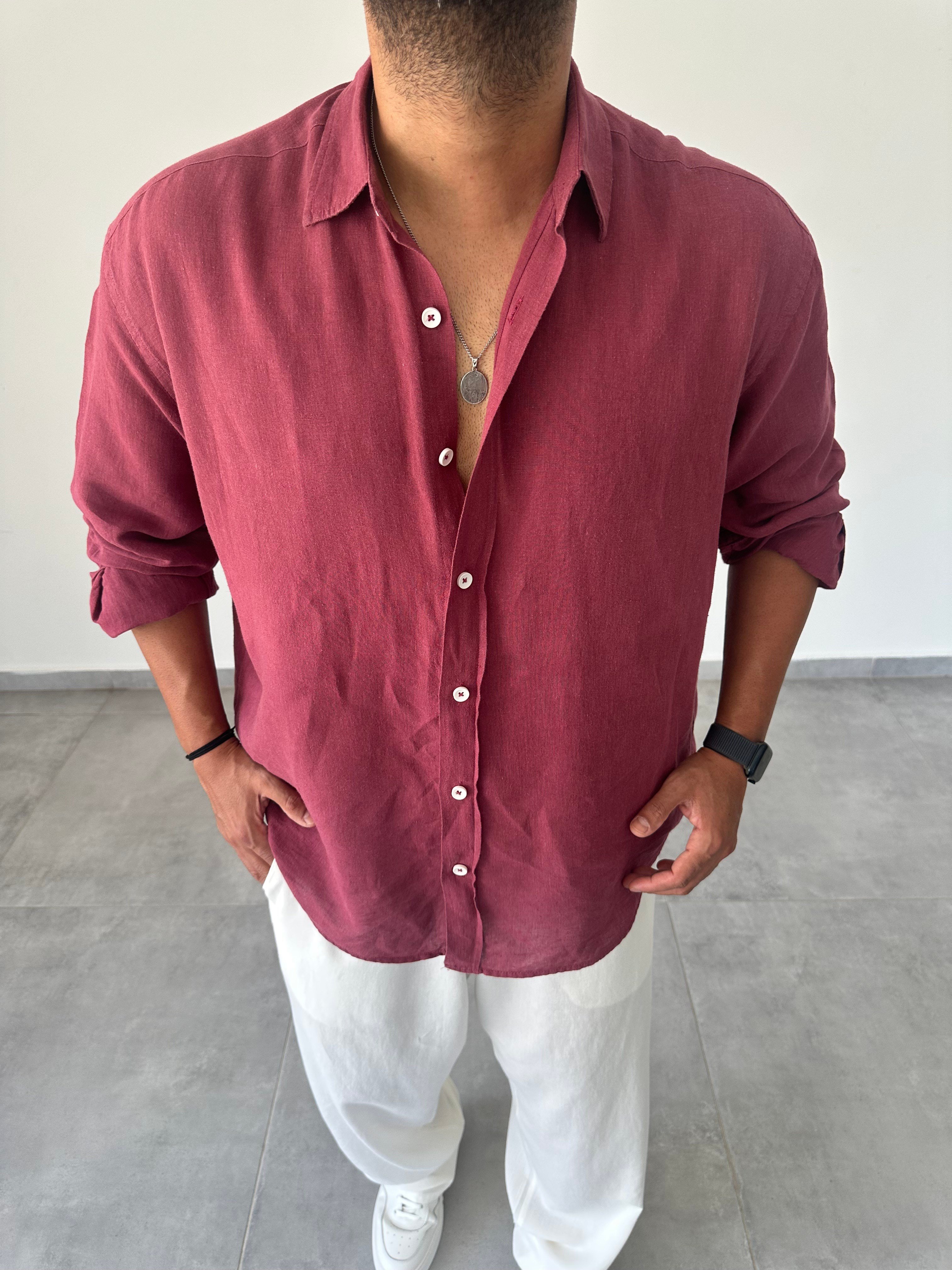 Ham Keten Oversize Kesim Bordo Renk Premium Keten Gömlek