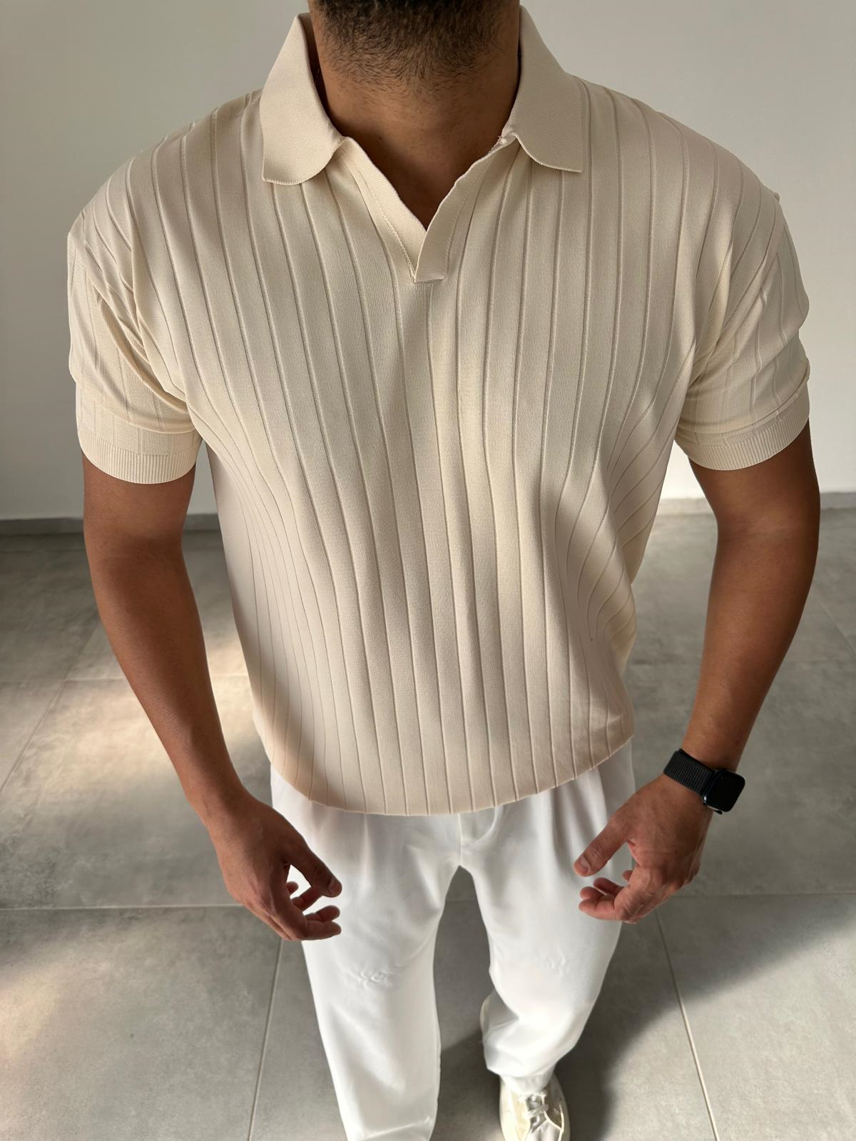 Bej Renk Şerit Detaylı Polo Yaka T-Shirt