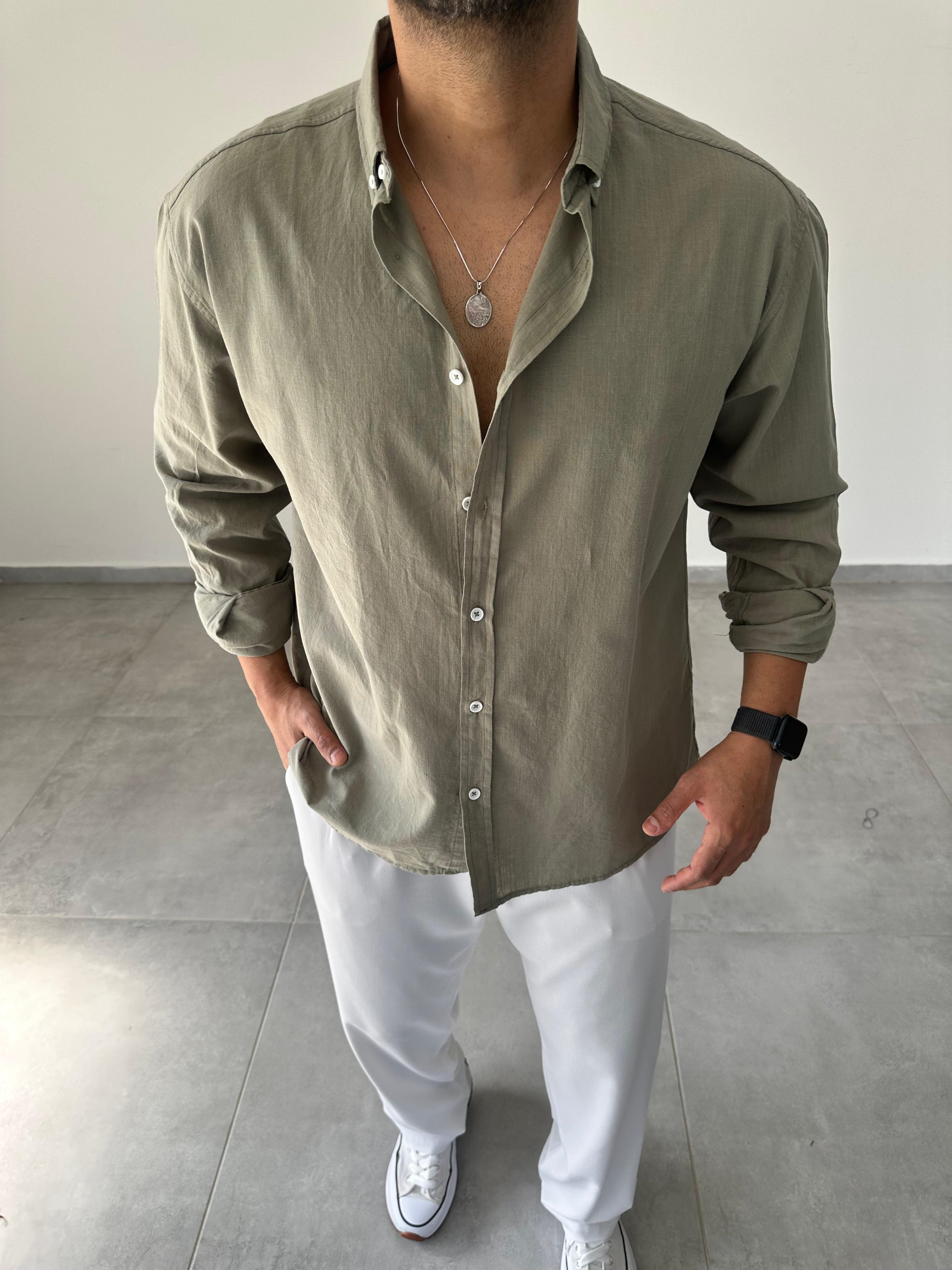 Haki Yeşili Oversize Kesim Fresh Keten Gömlek