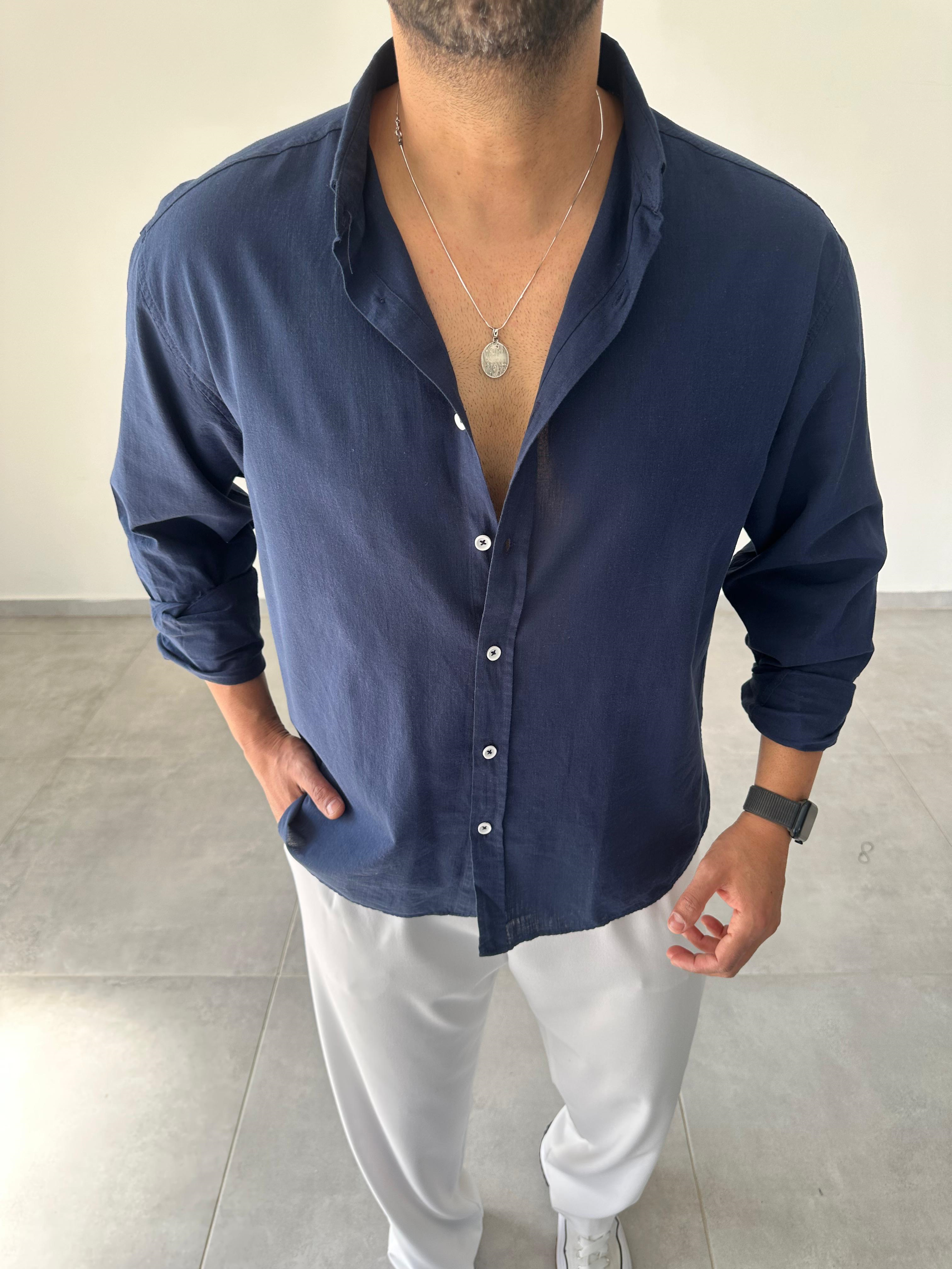 Lacivert Renk Oversize Kesim Fresh Keten Gömlek