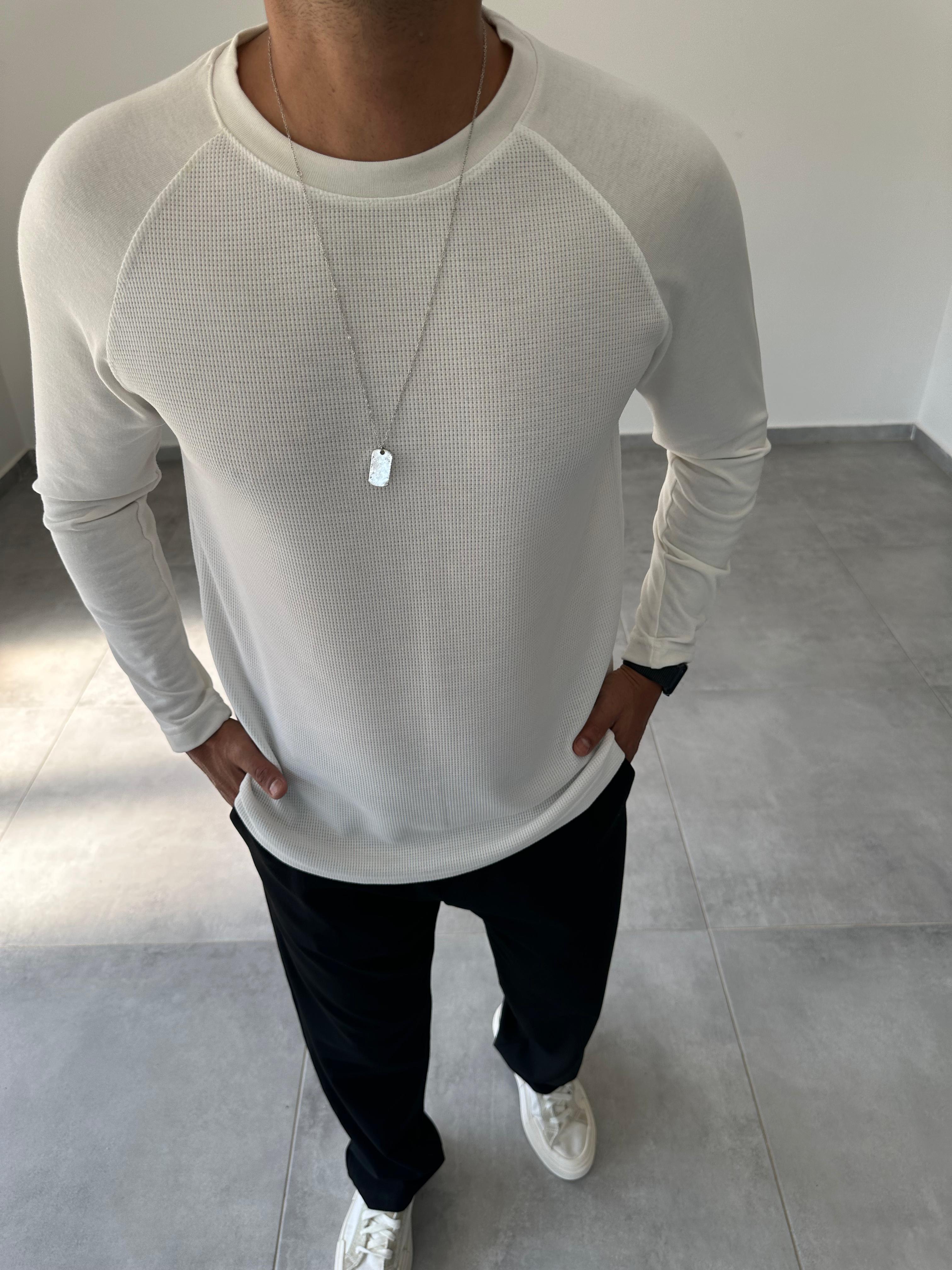 Ekru Renk Waffle Kumaş Reglan Kol Sweatshirt
