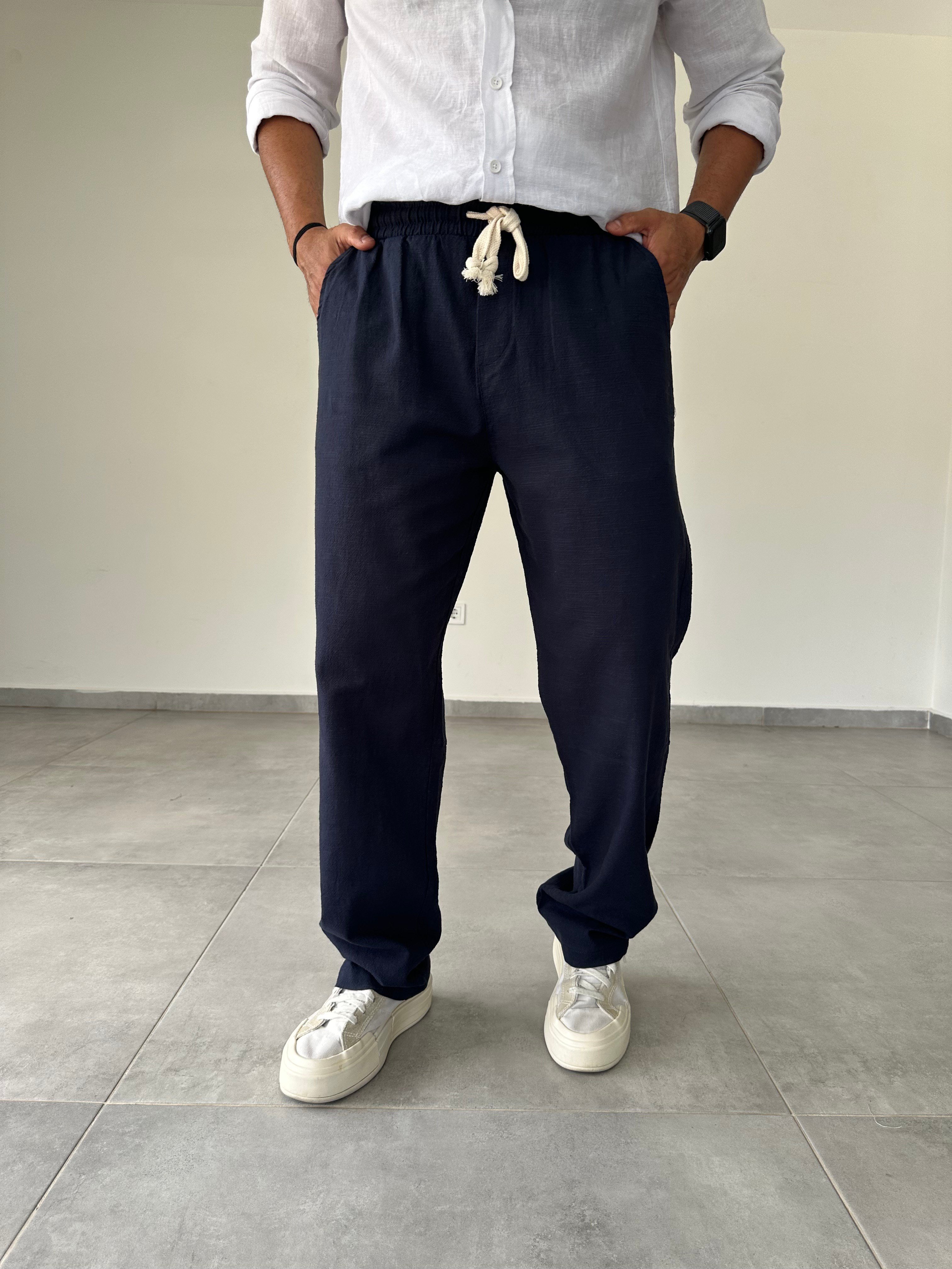 Lacivert Renk Bel Kısmı Lastikli Rahat Kesim Keten Baggy Pantolon