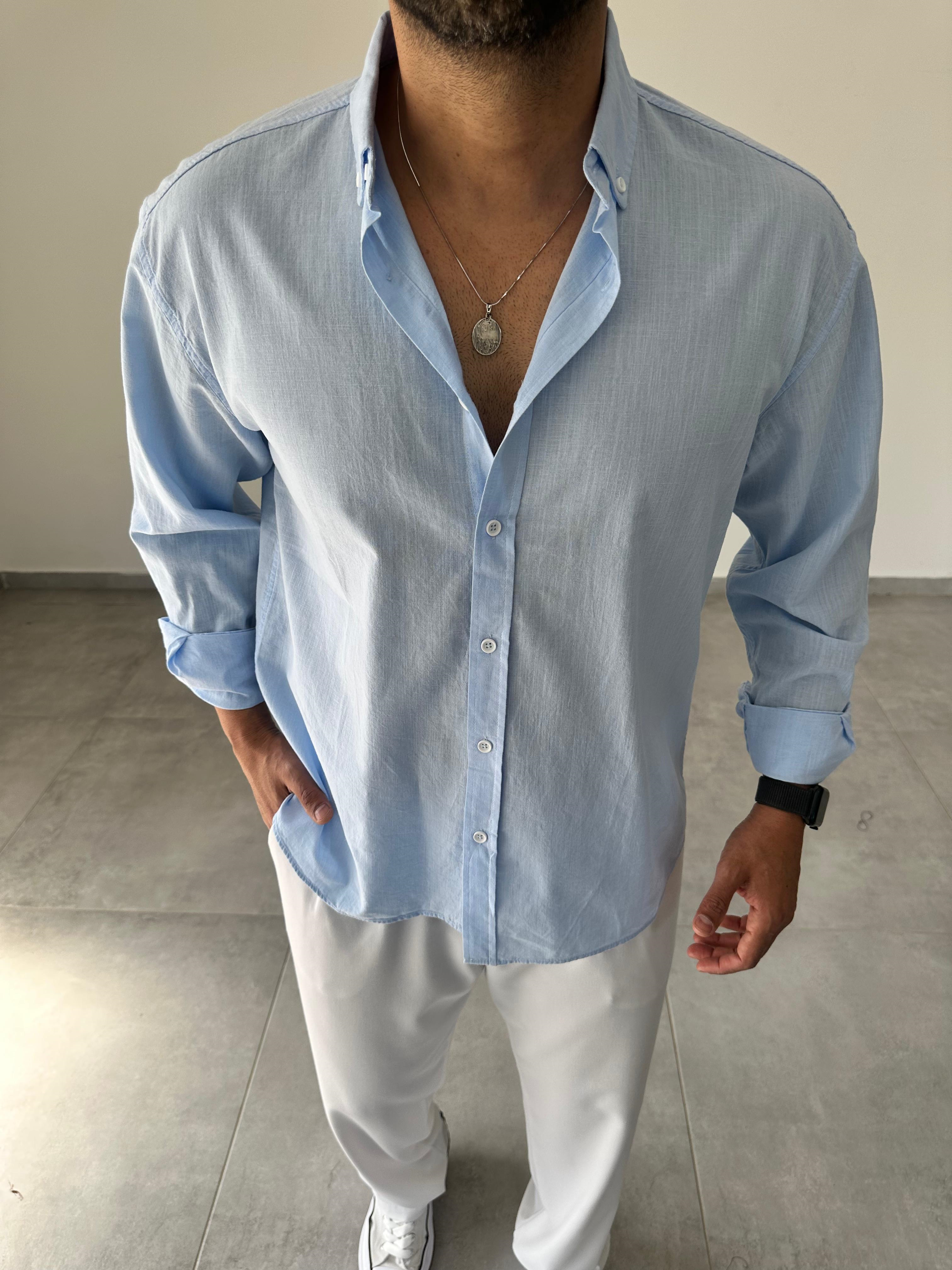 Bebe Mavisi Oversize Kesim Fresh Keten Gömlek