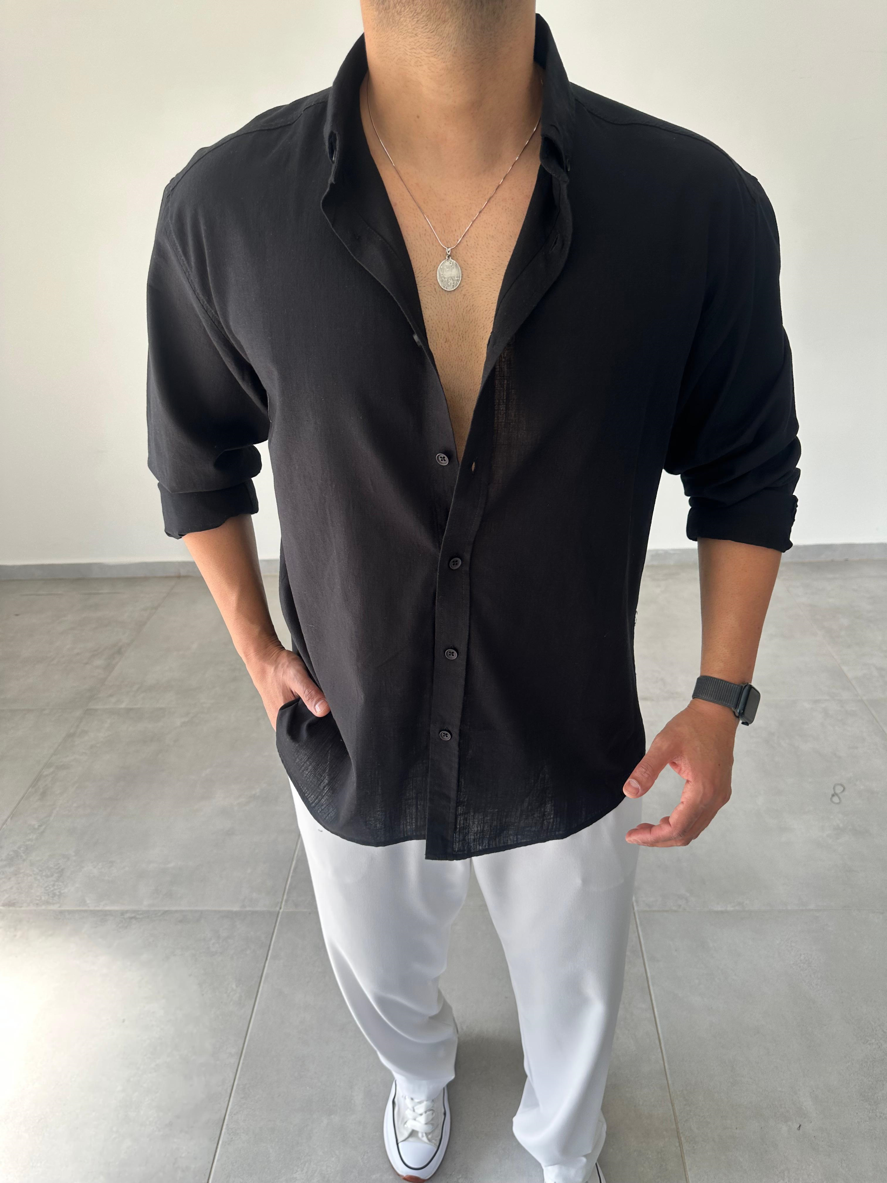 Siyah Renk Oversize Kesim Fresh Keten Gömlek