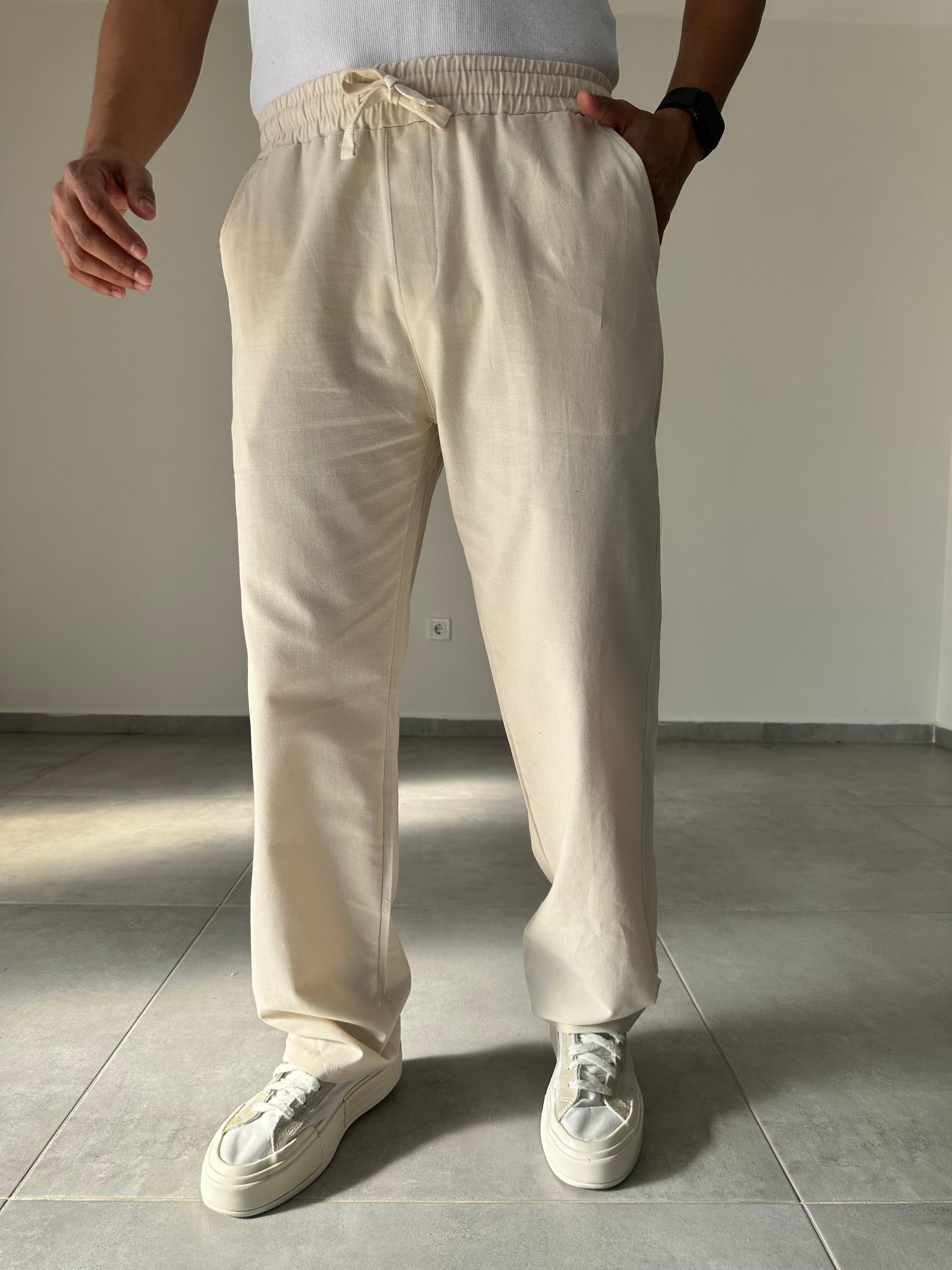 Bej Renk Yıkamalı Bel Kısmı Lastikli Baggy Keten Pantolon