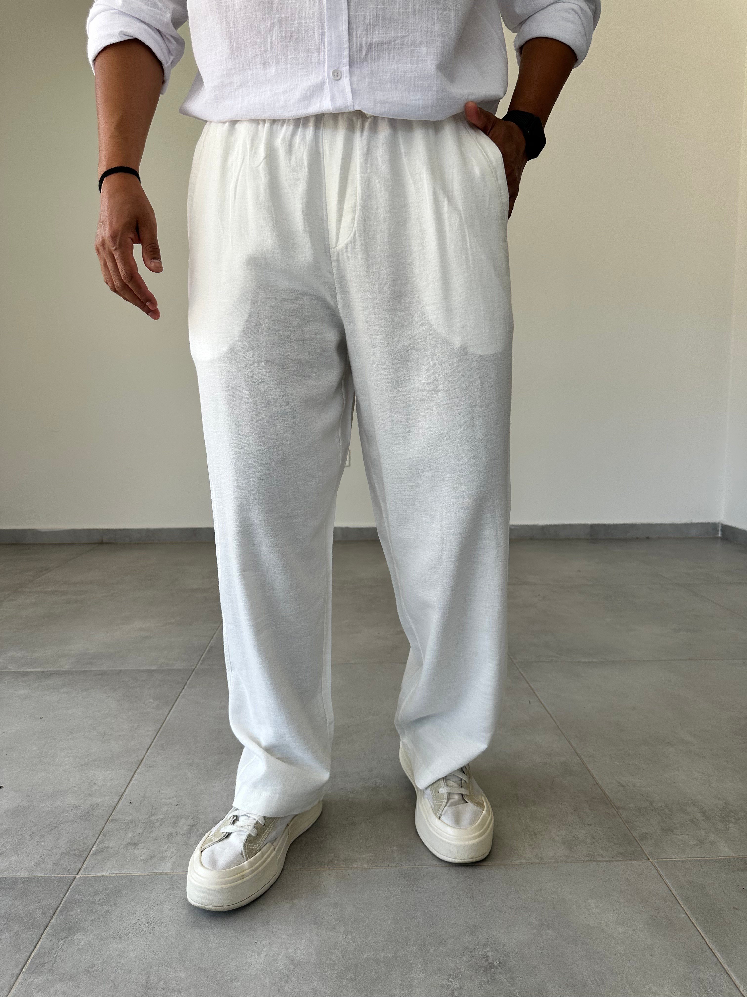 Beyaz Renk Yumuşak Keten Baggy Pantolon