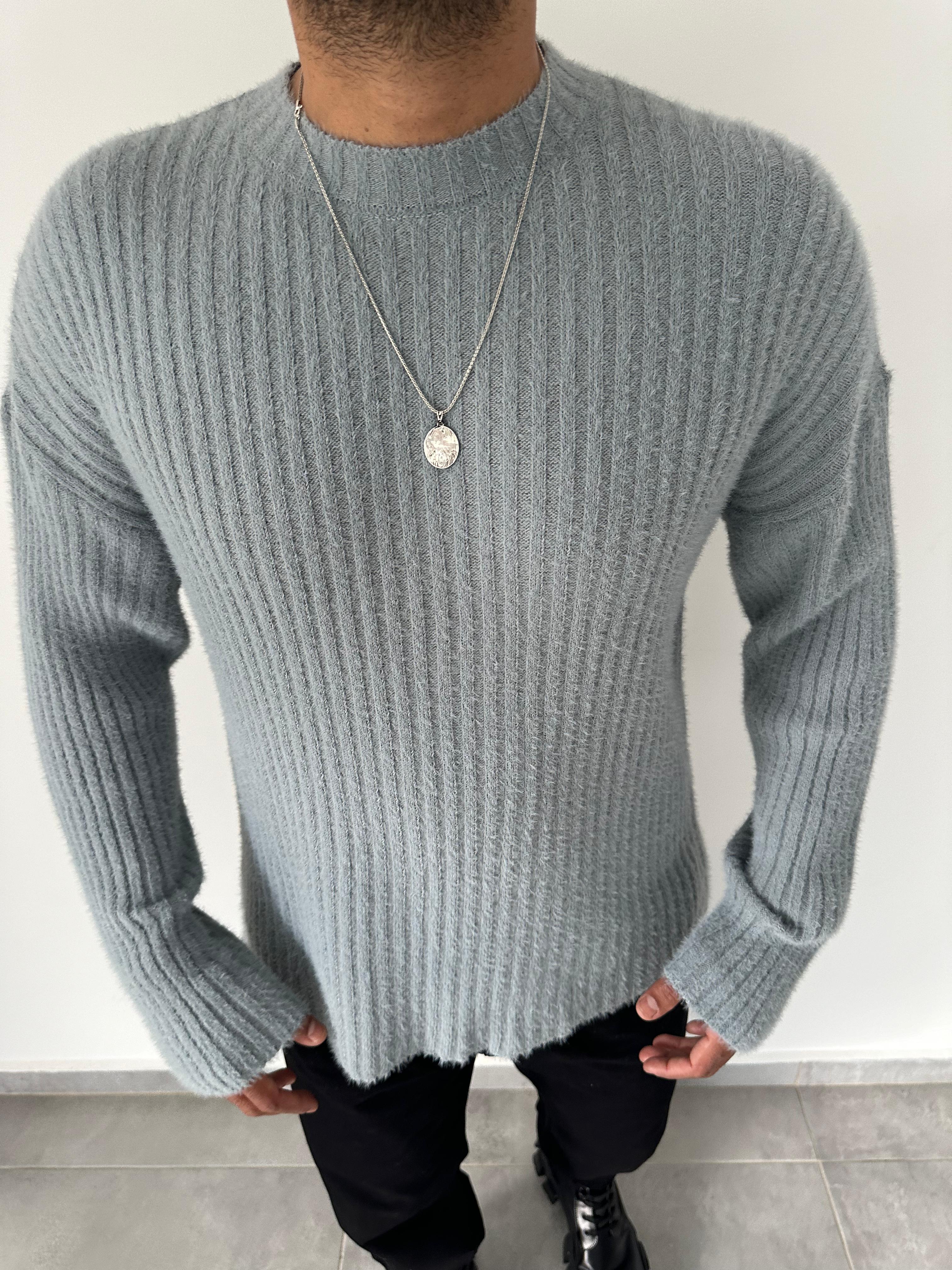 Gri Renk Fitilli Bisiklet Yaka Oversize Kazak