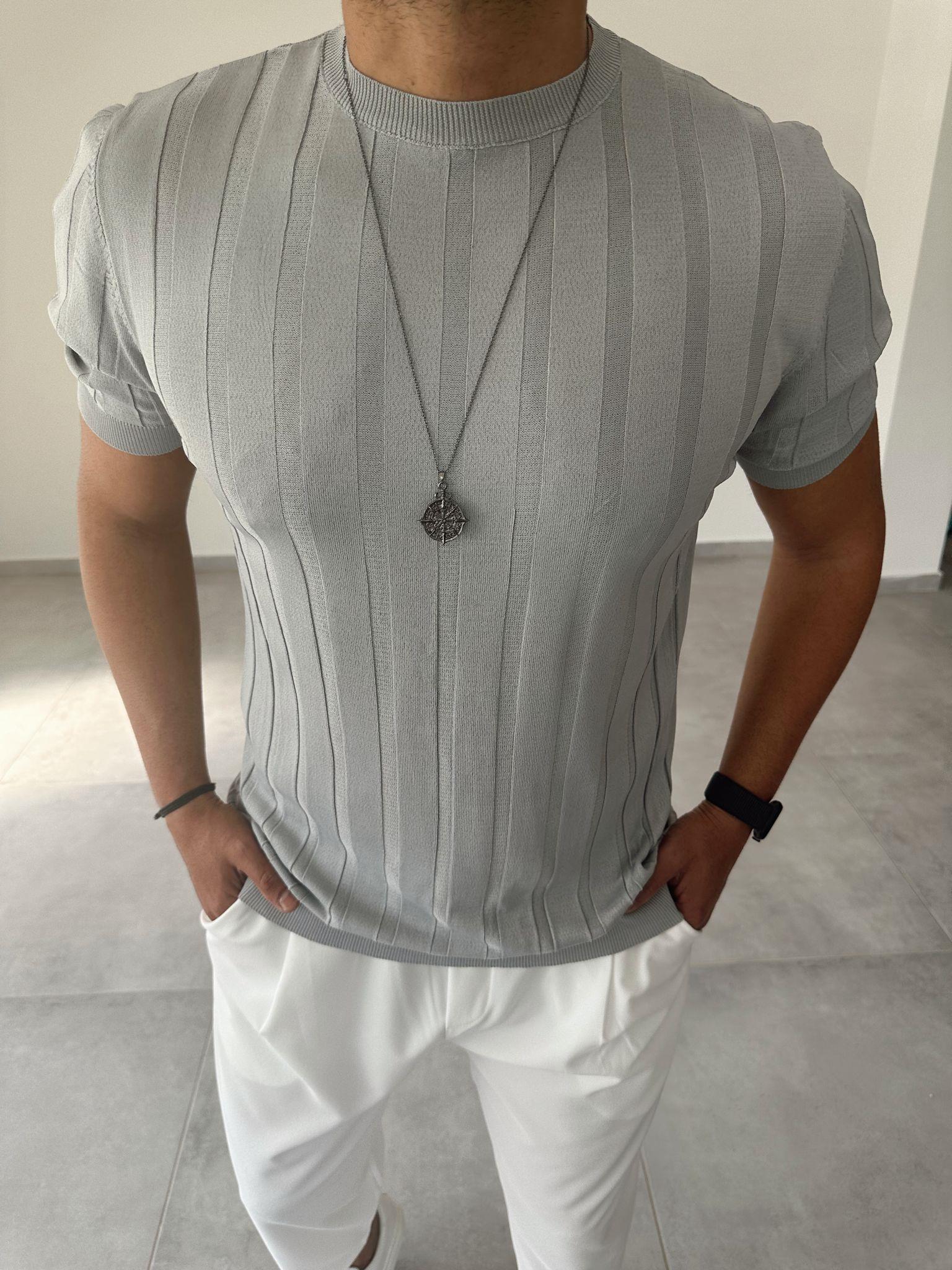 Gri Renk Kalın Fitilli Basic Triko T-Shirt