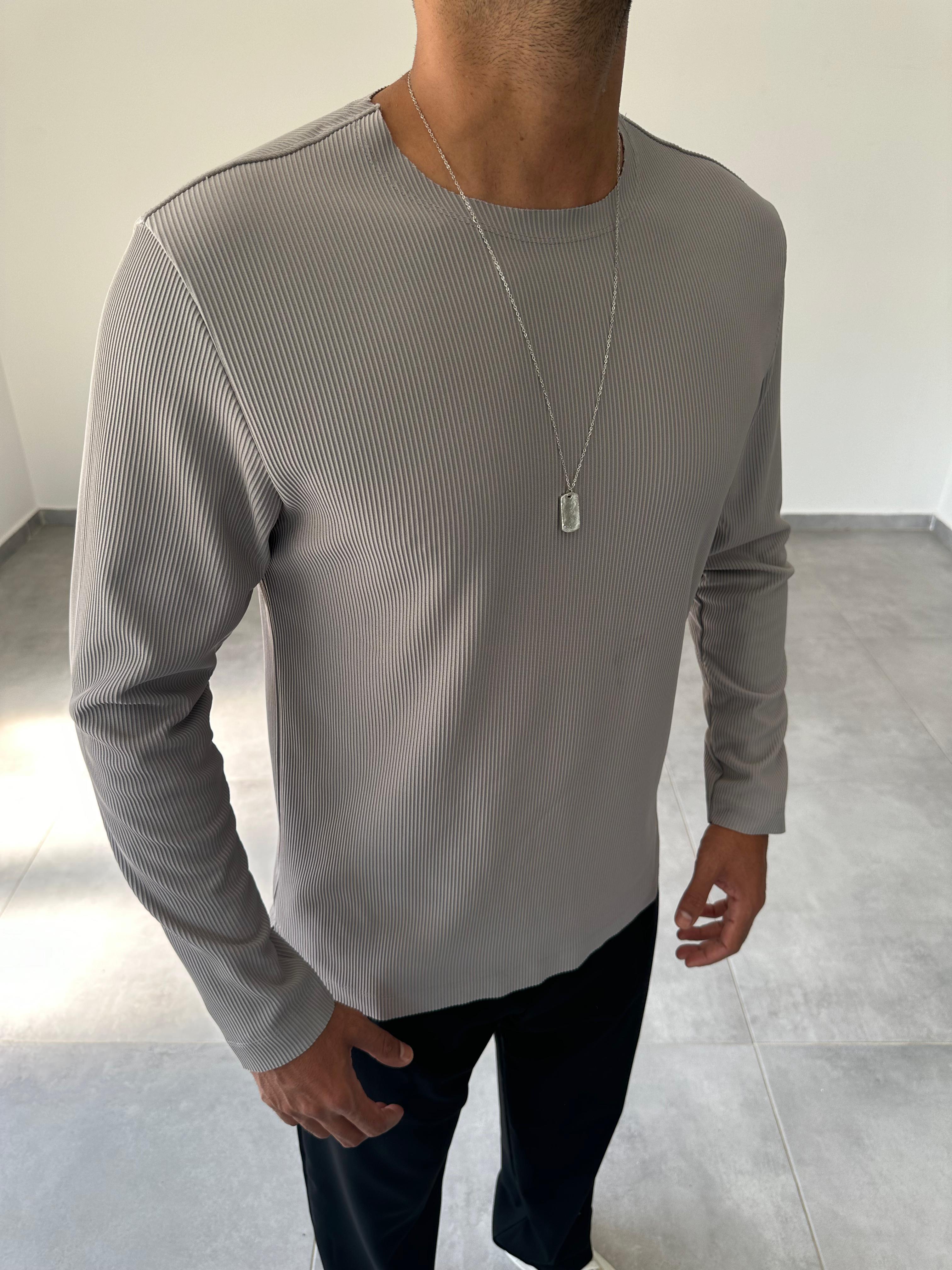 Gri Renk Kesik Yaka Detaylı Ottoman Kumaş Sweatshirt