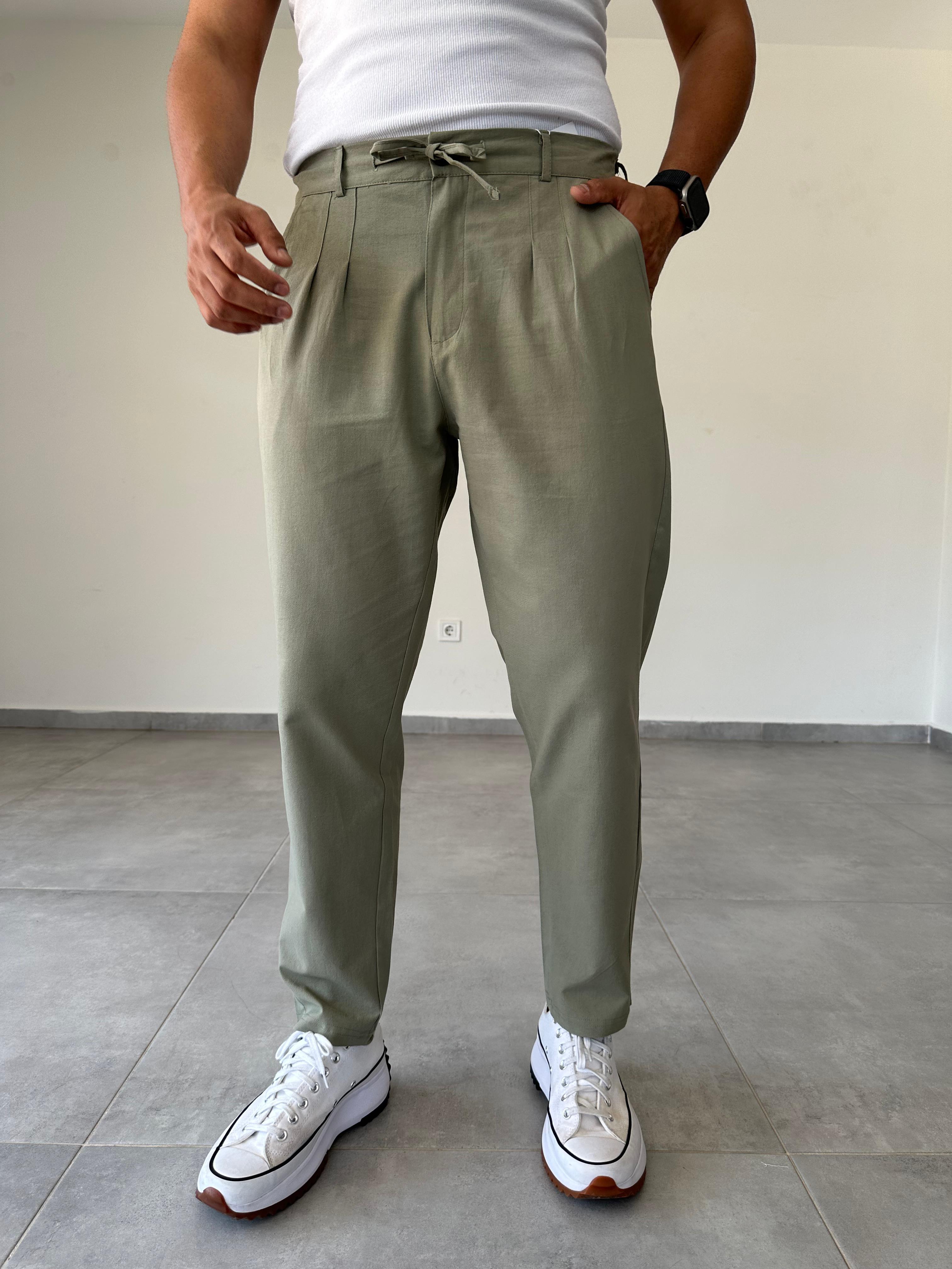 Haki Renk Ön Kısmı Pile Detaylı Boyfriend Kesim Keten Pantolon