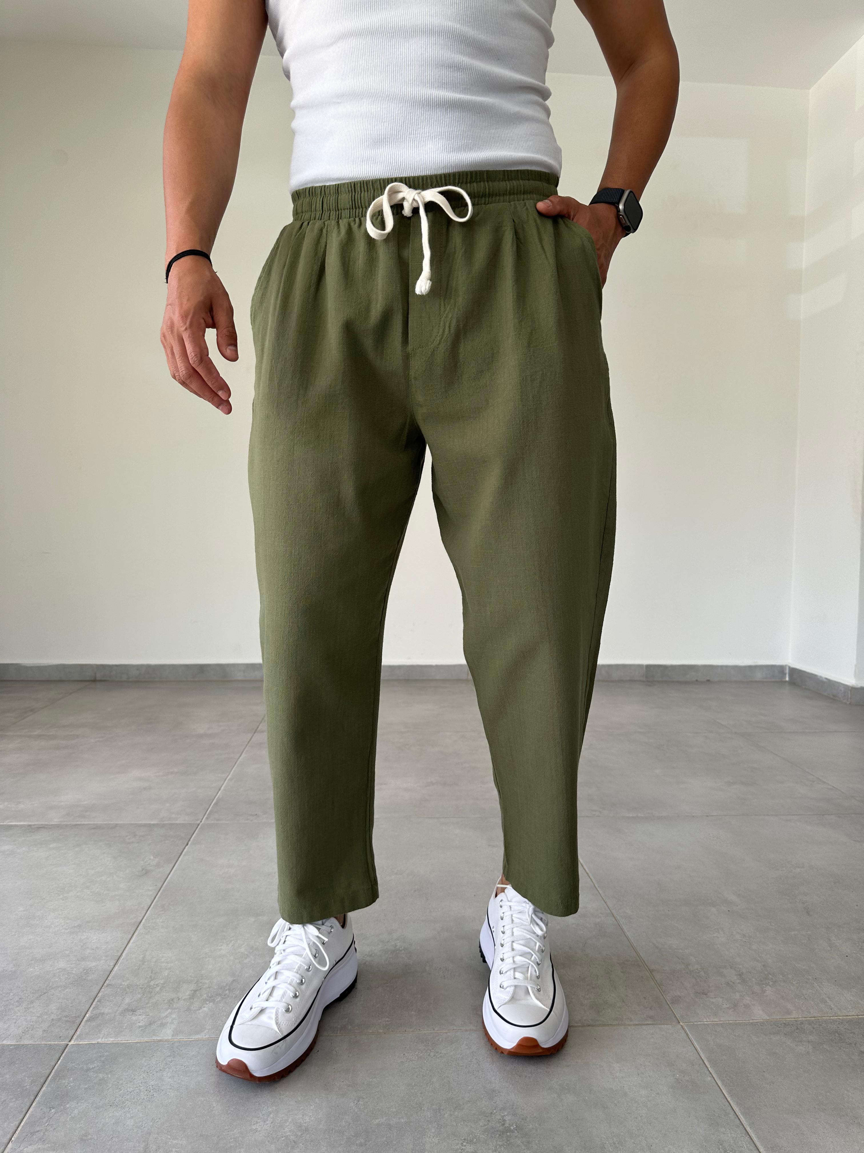 Havuç Kesim Lime Yeşili Renk Ön Kısmı Pile Detaylı Keten Pantolon