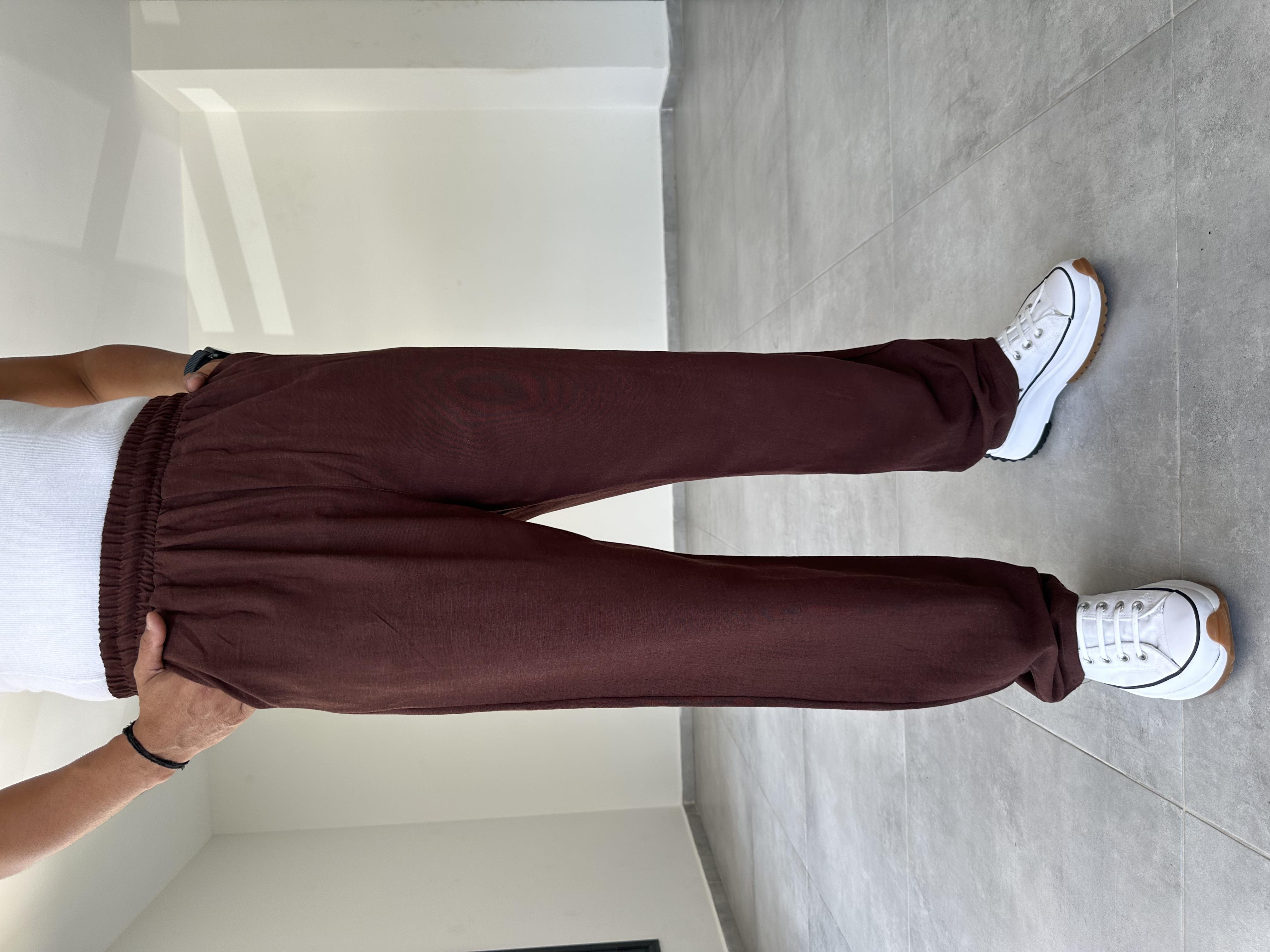 Kahve Renk Bel Kısmı Lastikli Ham Keten Baggy Pantolon
