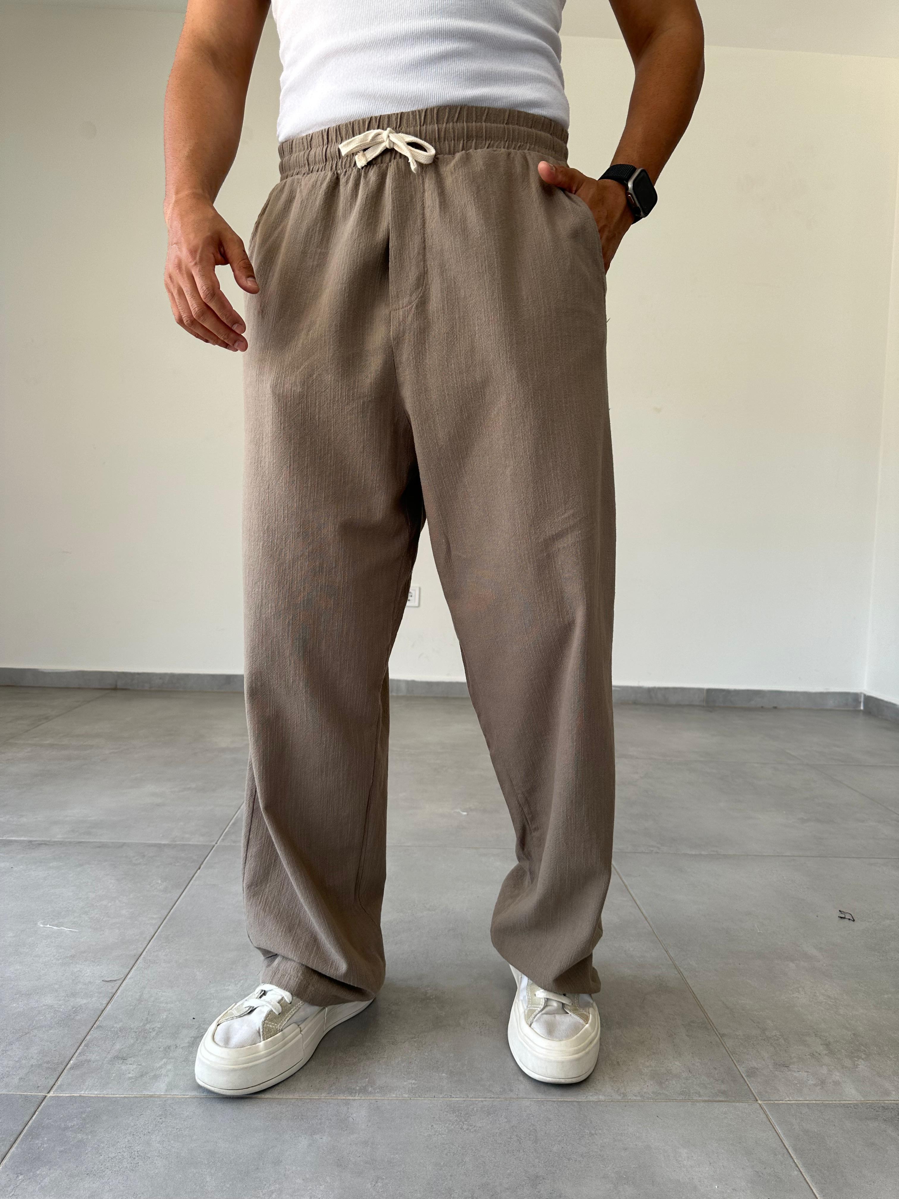 Kahve Renk Bol Kalıp Baggy Kesim Keten Pantolon