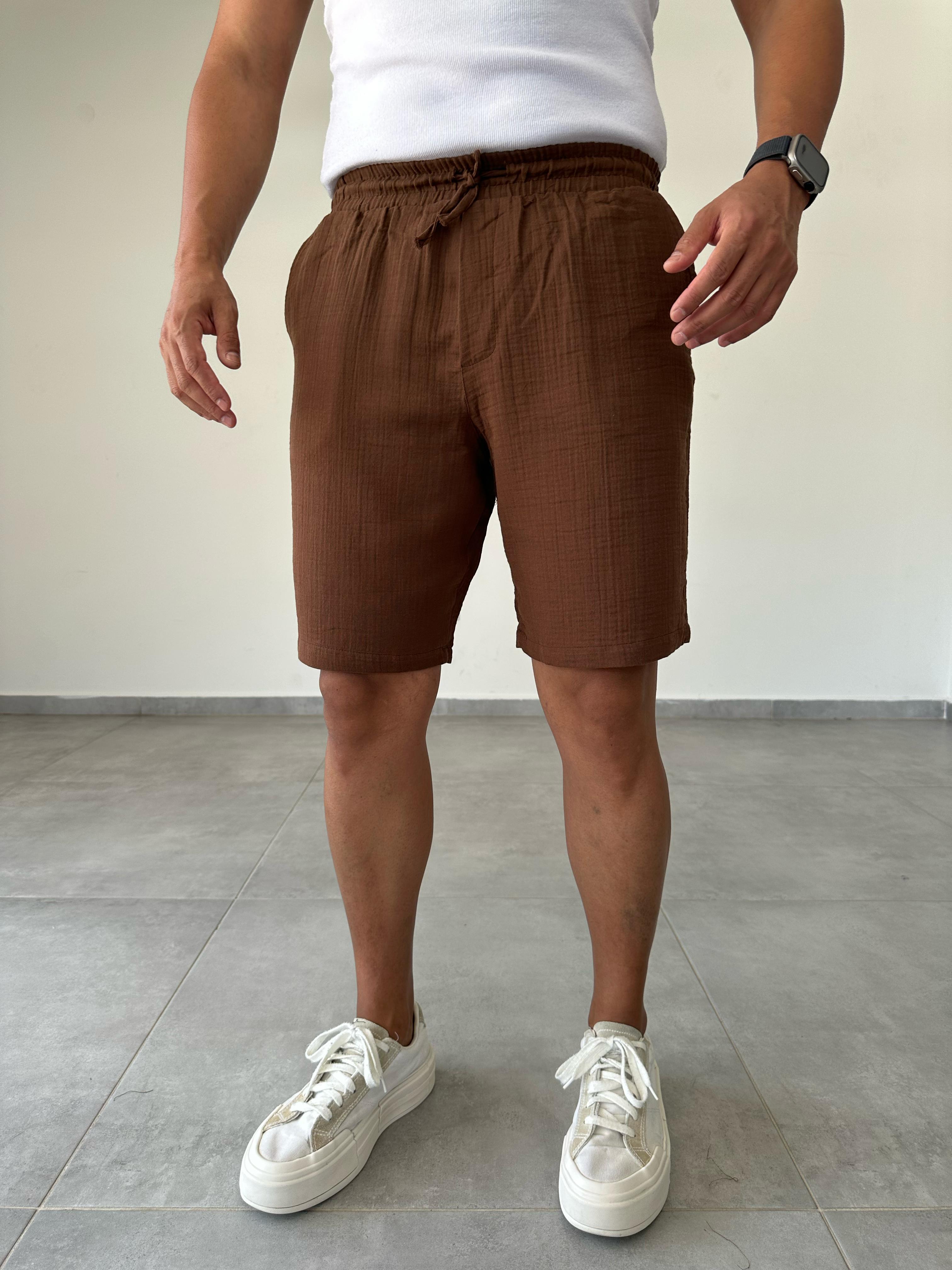 Kahve Renk Müslin Kumaş Relax Fit Basic Şort