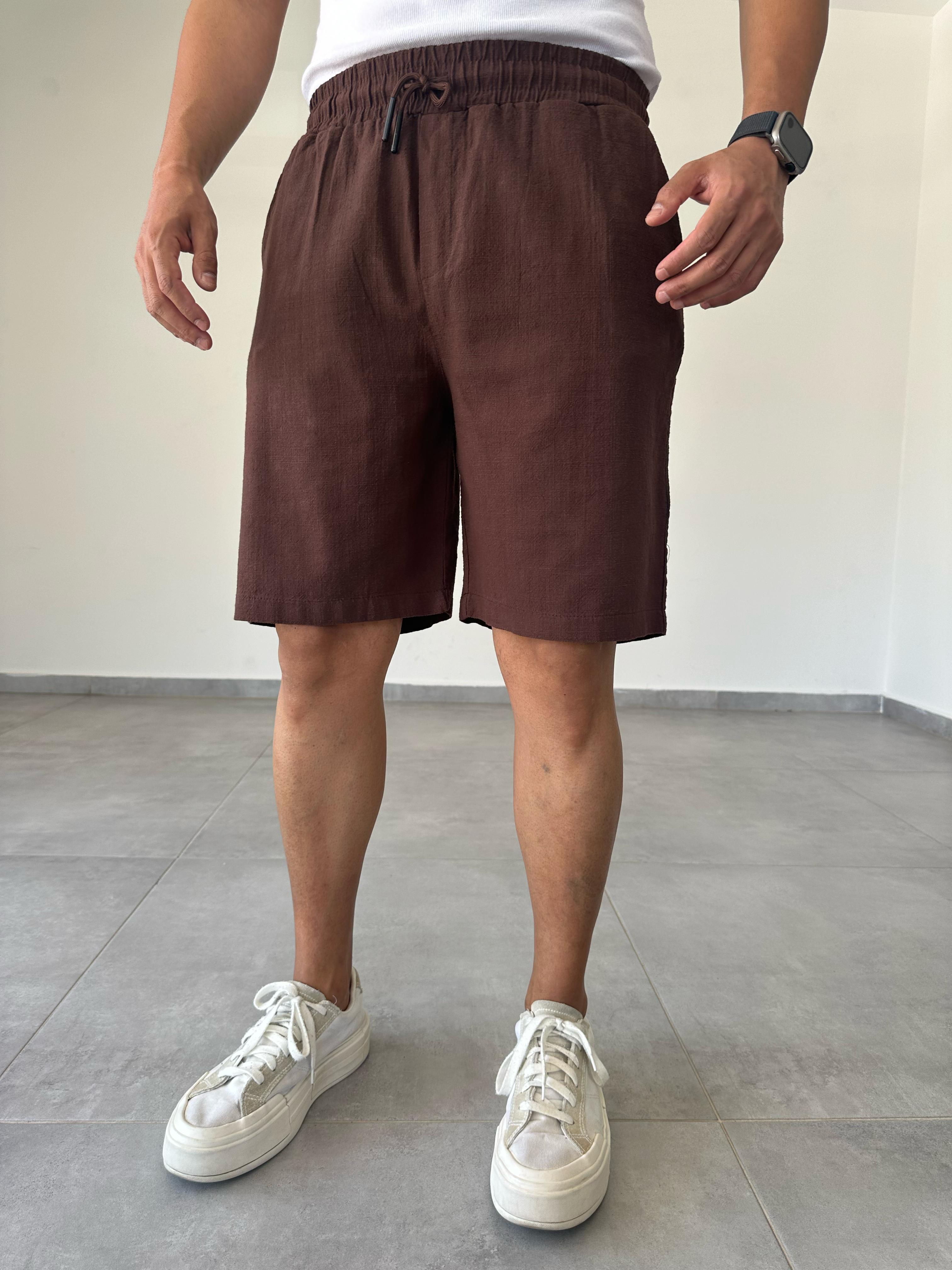 Kahve Renk Relax Fit Kesim Flamlı Keten Şort