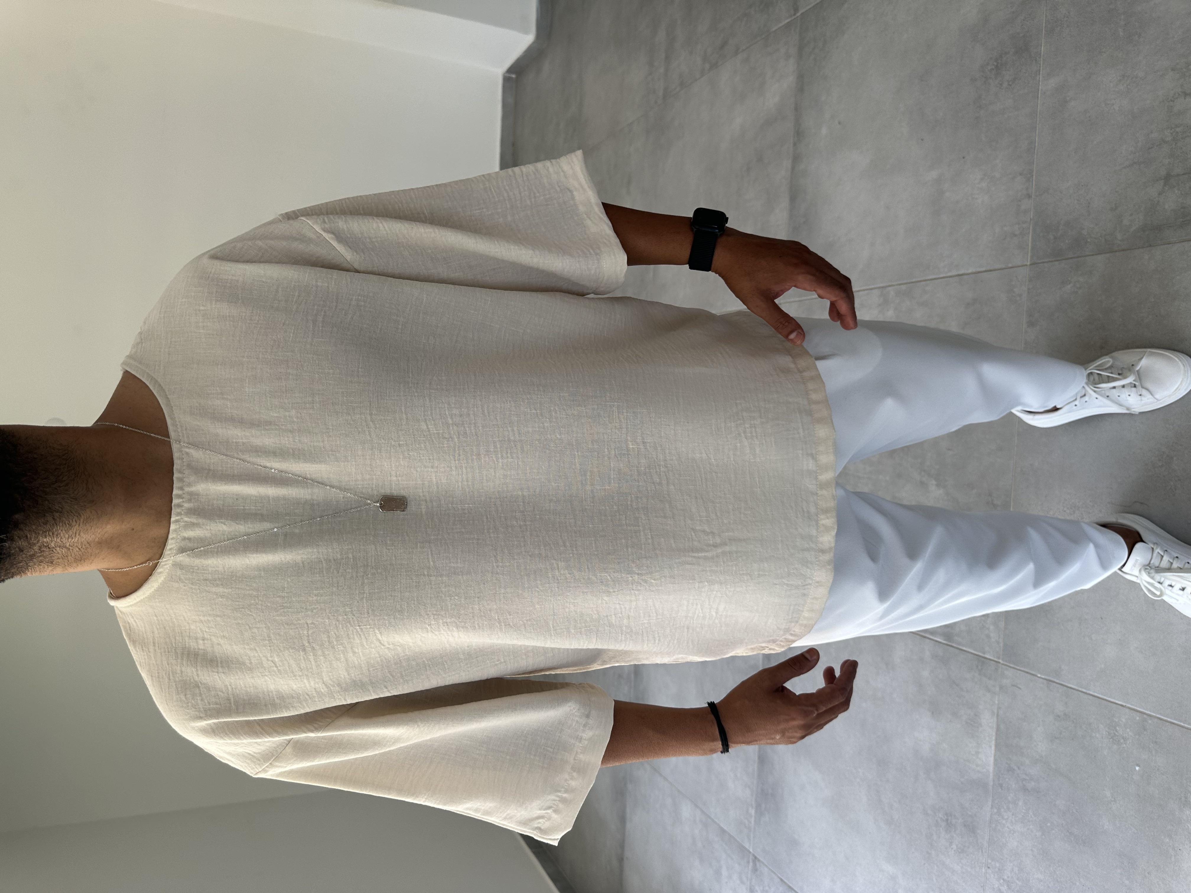 Krem Renk Fakir Kol Keten T-Shirt