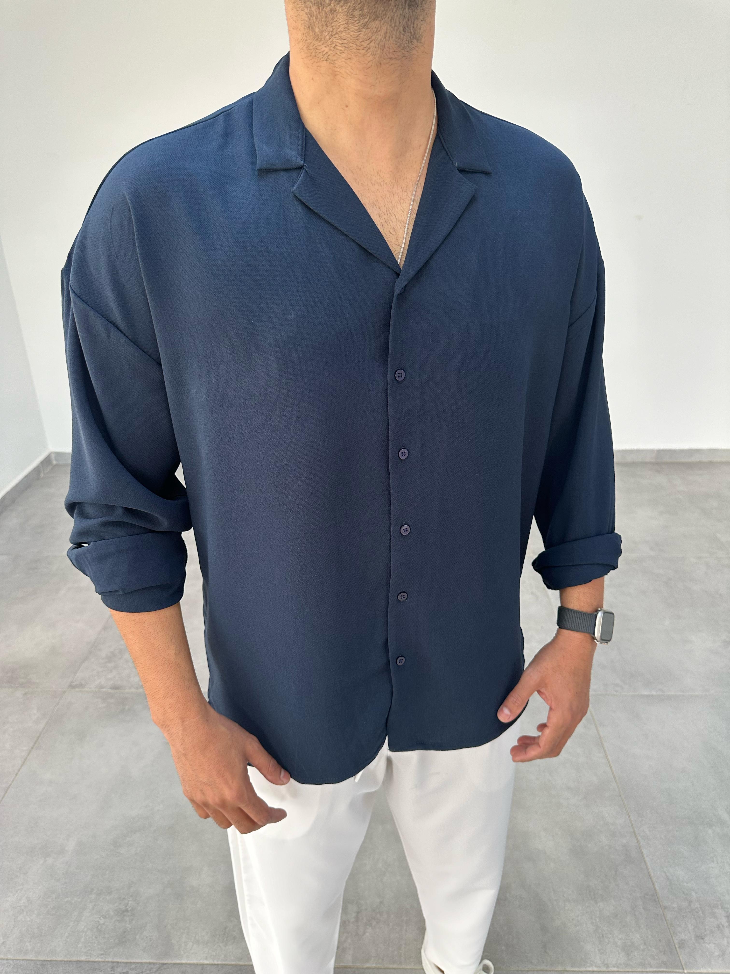 Lacivert Oversize Kesim Ayrobin Kumaş Gömlek