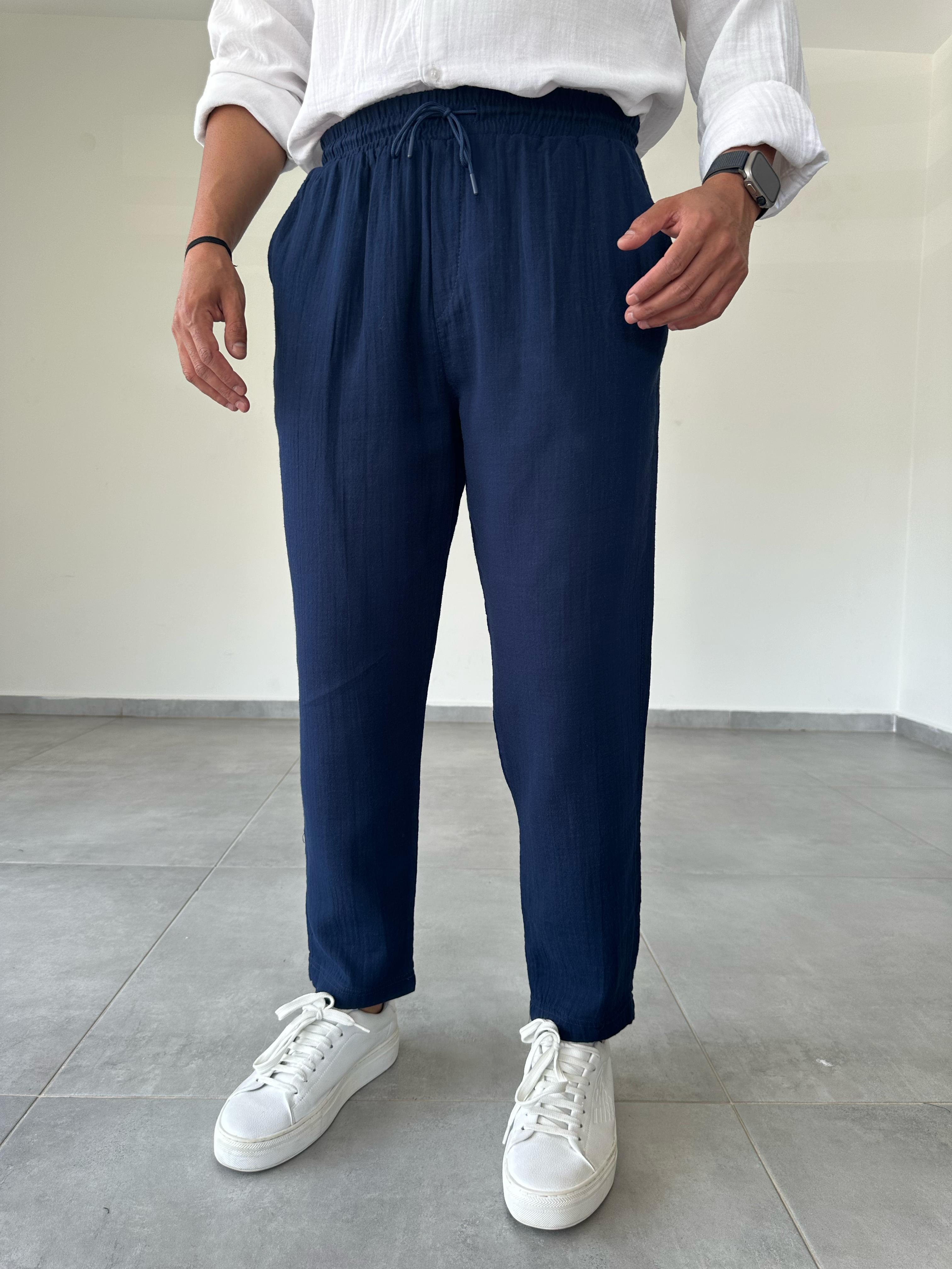 Lacivert Renk Relax Fit Müslin Keten Pantolon