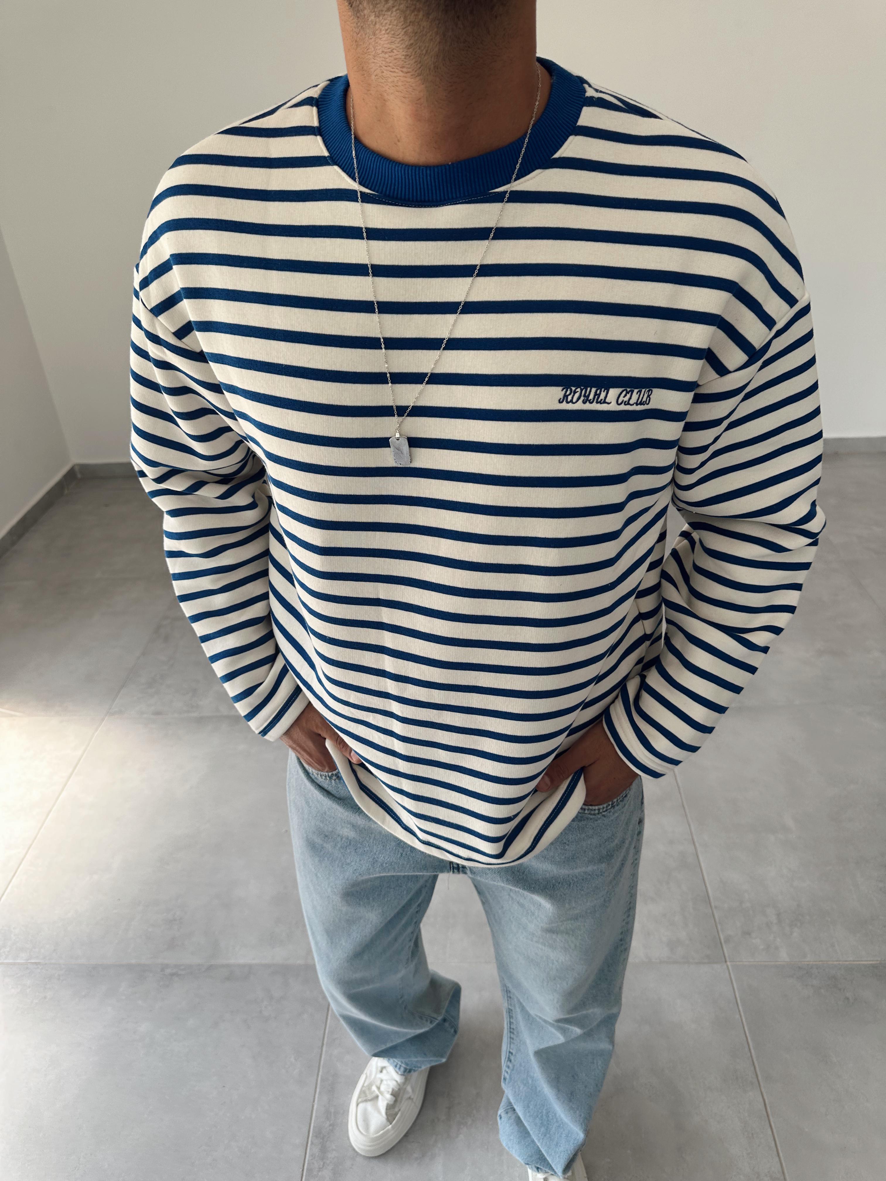 Lacivert Renk Royal Club Nakışlı Çizgili Sweatshirt