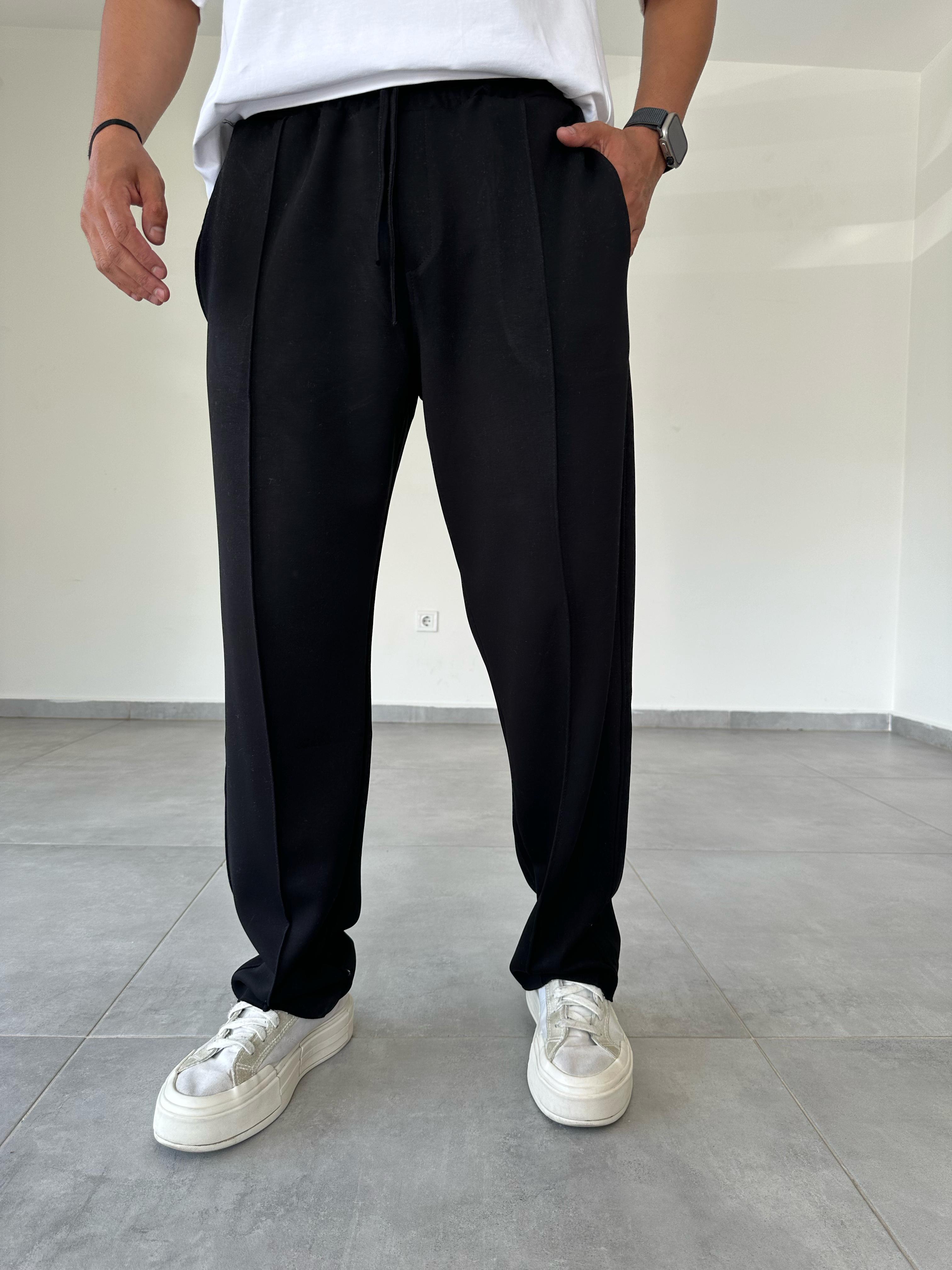 Modal Kumaş Ön Kısmı Çımalı Siyah Renk Baggy Pantolon