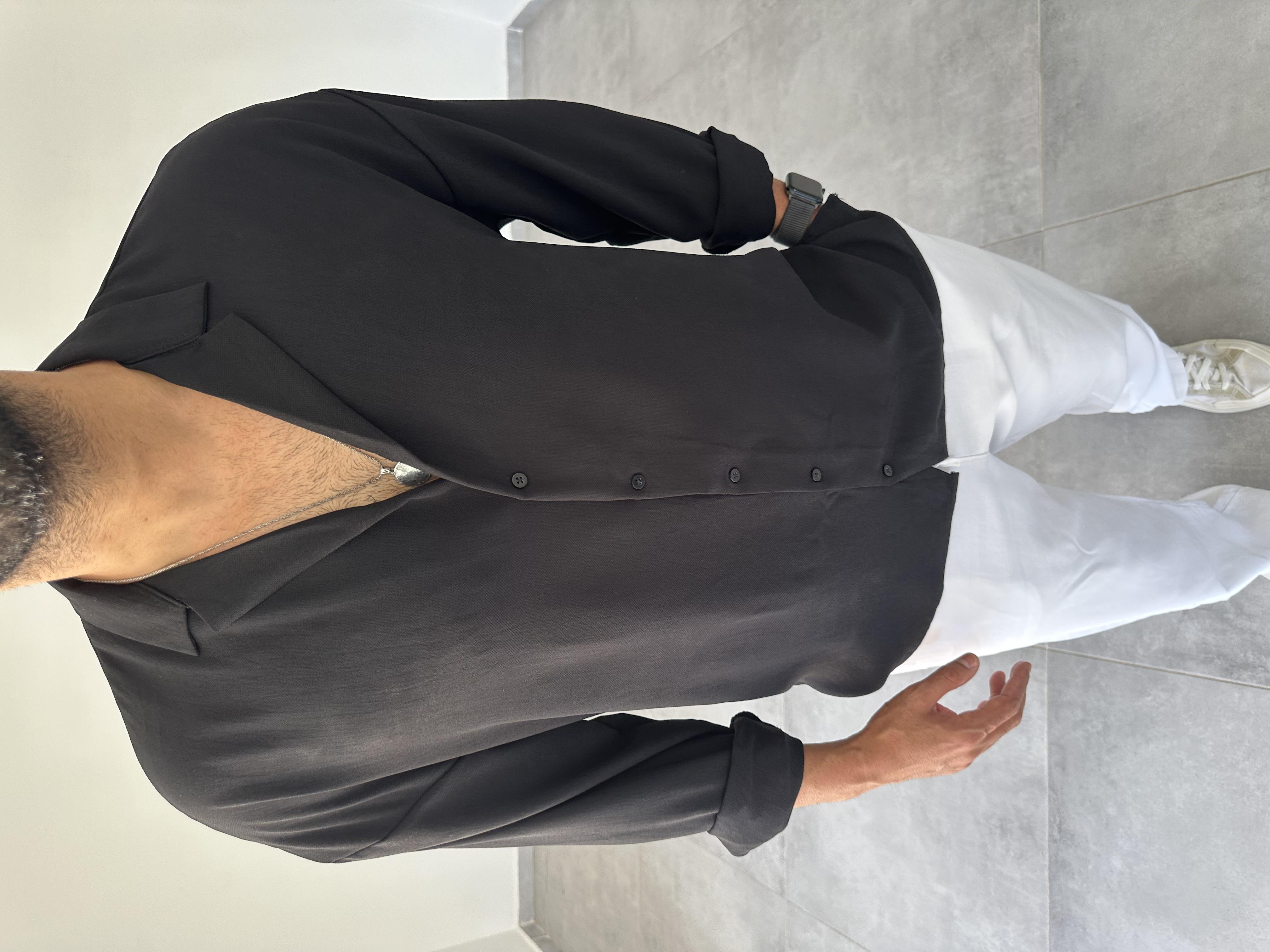 Siyah Oversize Kesim Ayrobin Kumaş Gömlek