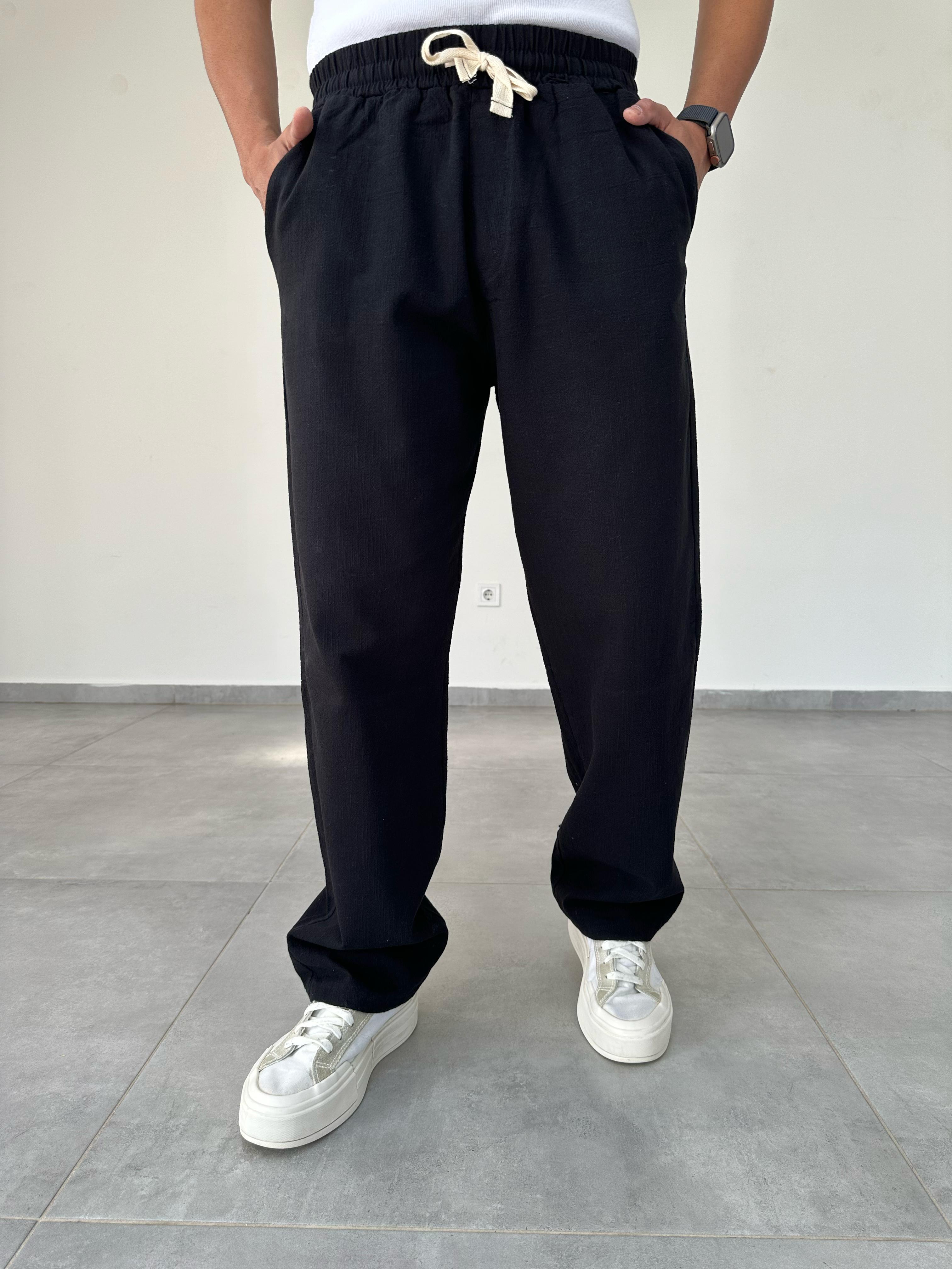 Siyah Renk Nakış Detaylı Ham Keten Baggy Pantolon