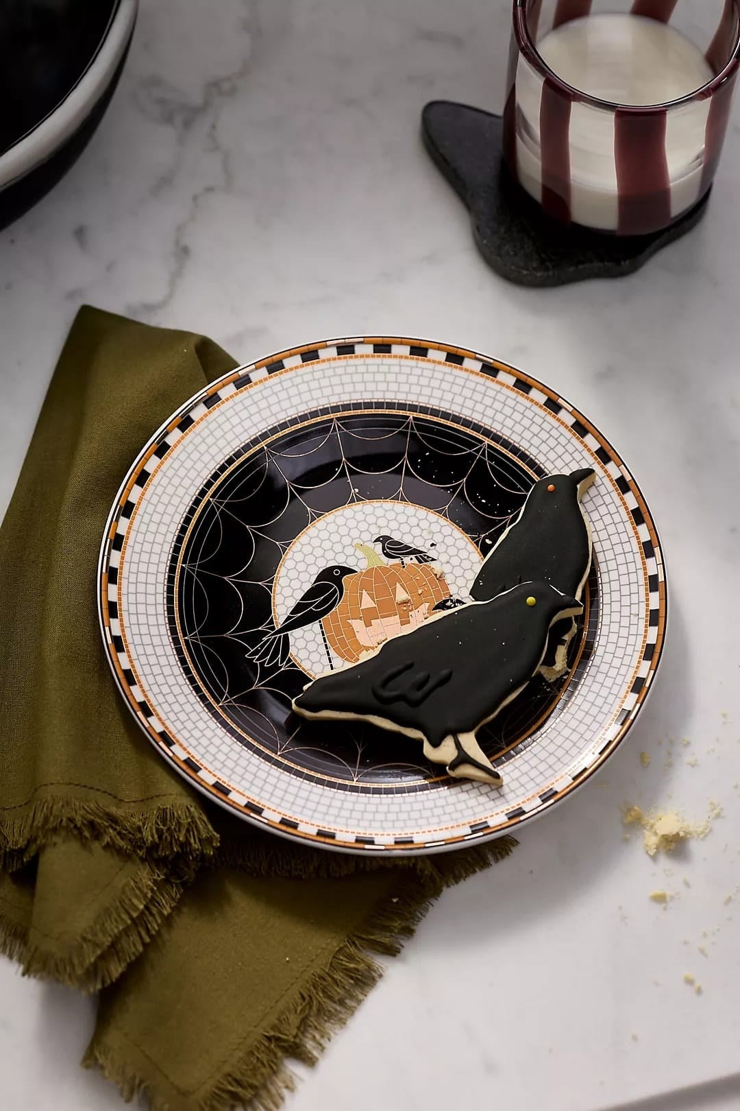 Anthropologie Bistro Tile Stoneware 24k Gold Accent Halloween Dessert Plate