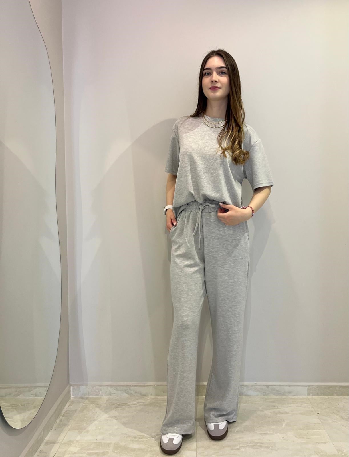 Açık Gri Modal Kumaş Kısa Kollu İkili Takım
