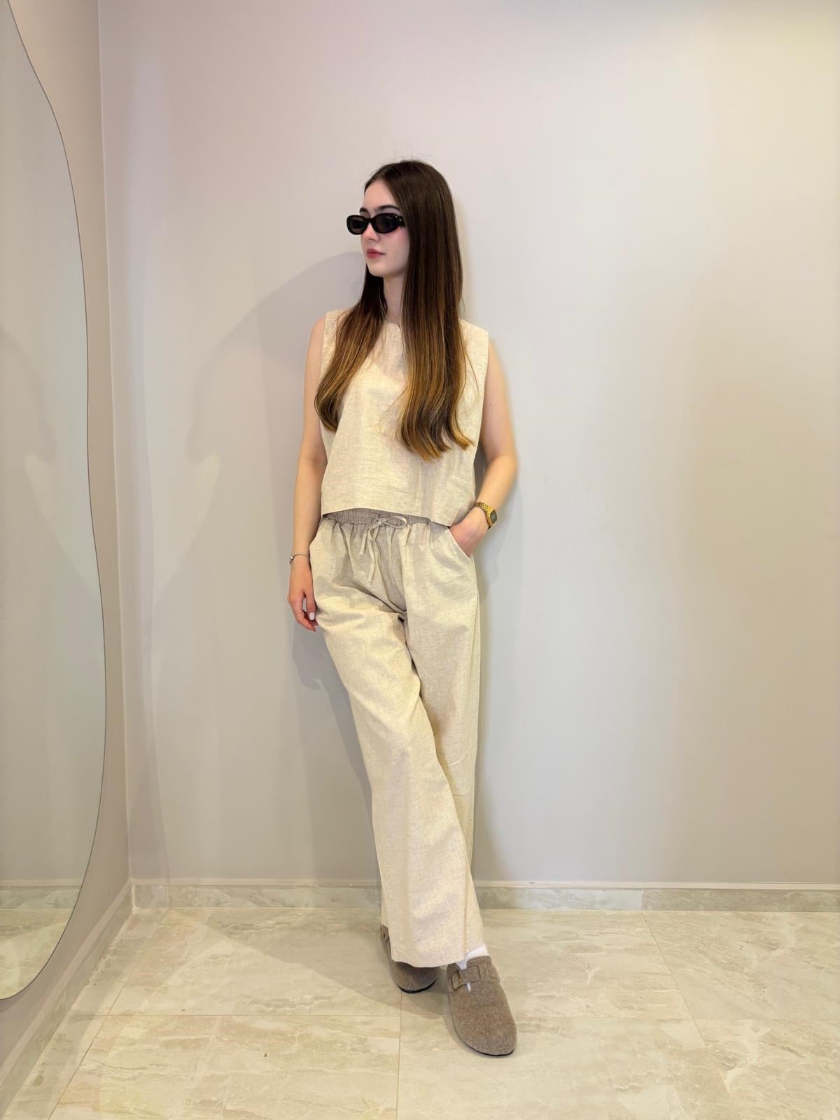 Bej Premium Bluz-Pantolon Keten Takım