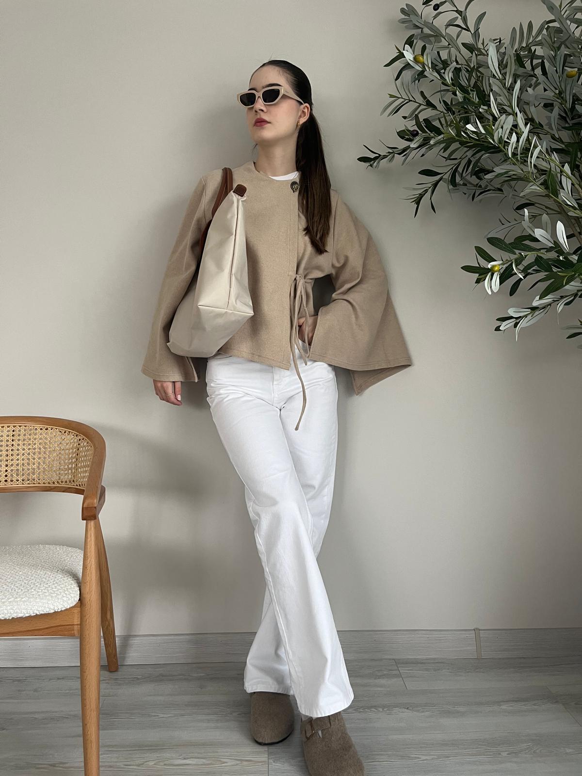 Bej Yumuşak Dokulu Kimono