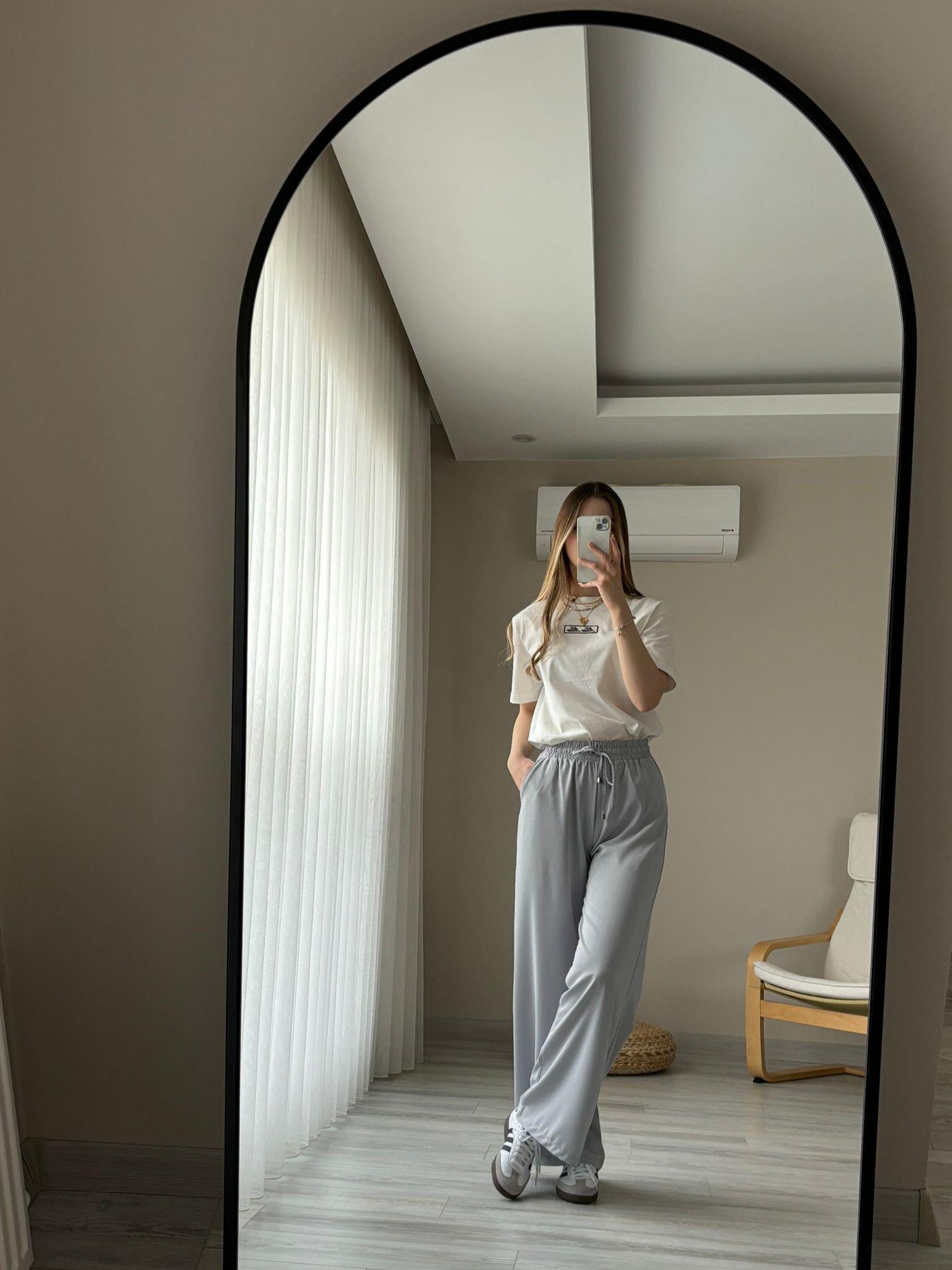 Beli Lastikli Bol Paça Pantolon Gri