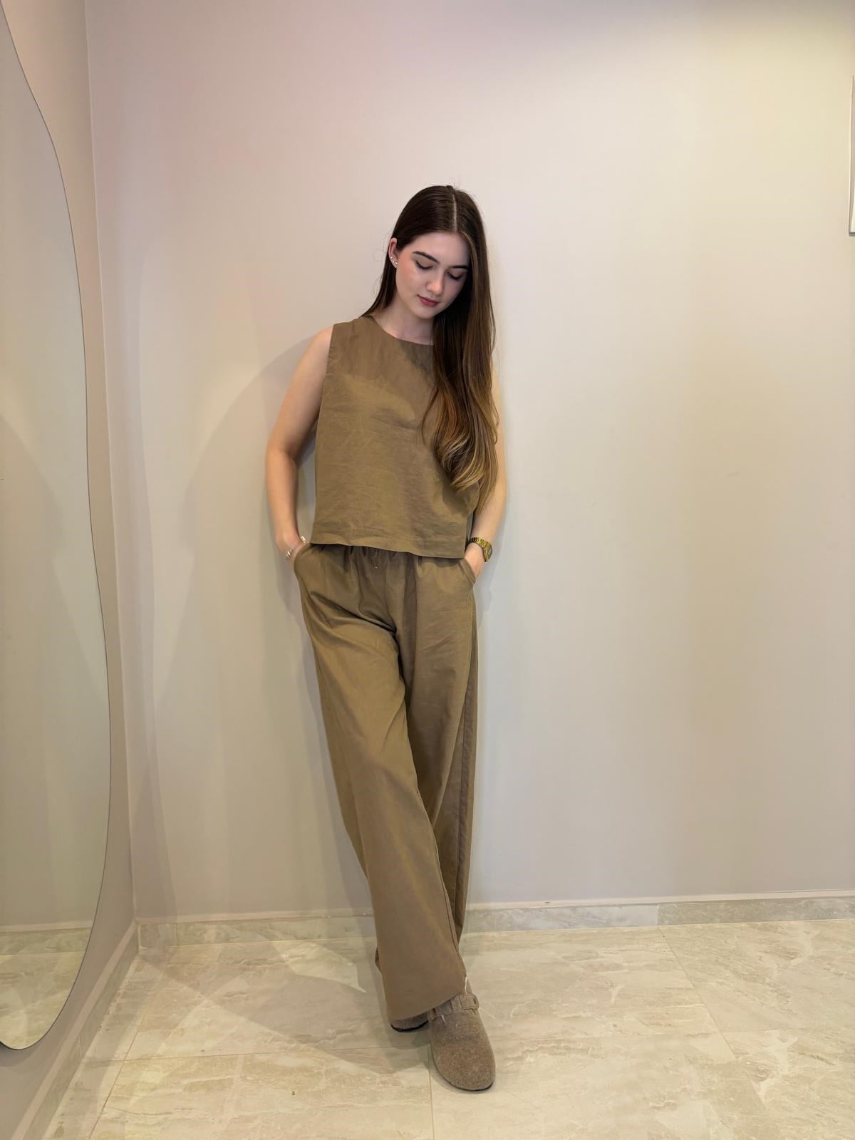 Kahve Premium Bluz-Pantolon Keten Takım