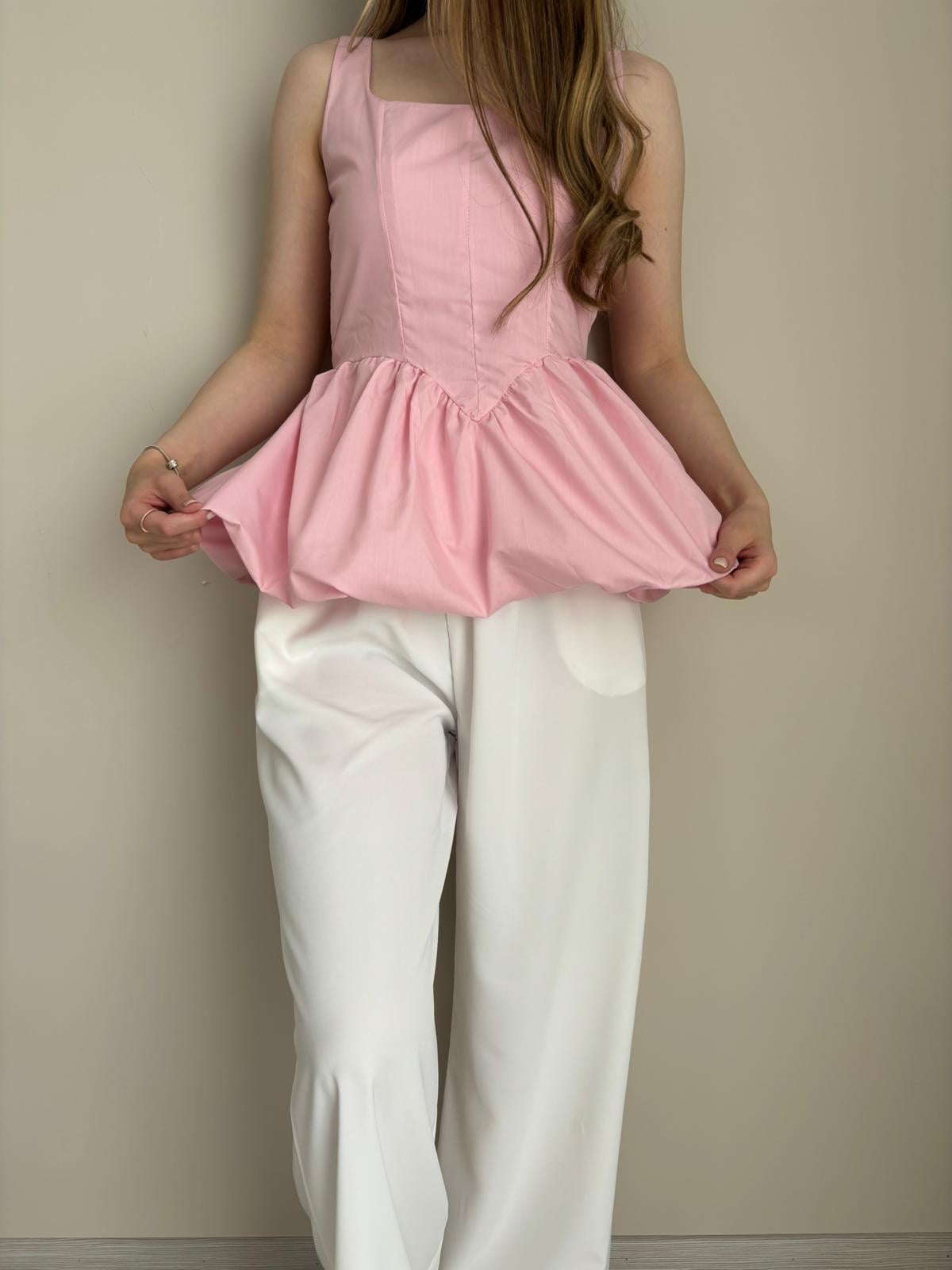 Kare Yaka Balon Bluz Pembe