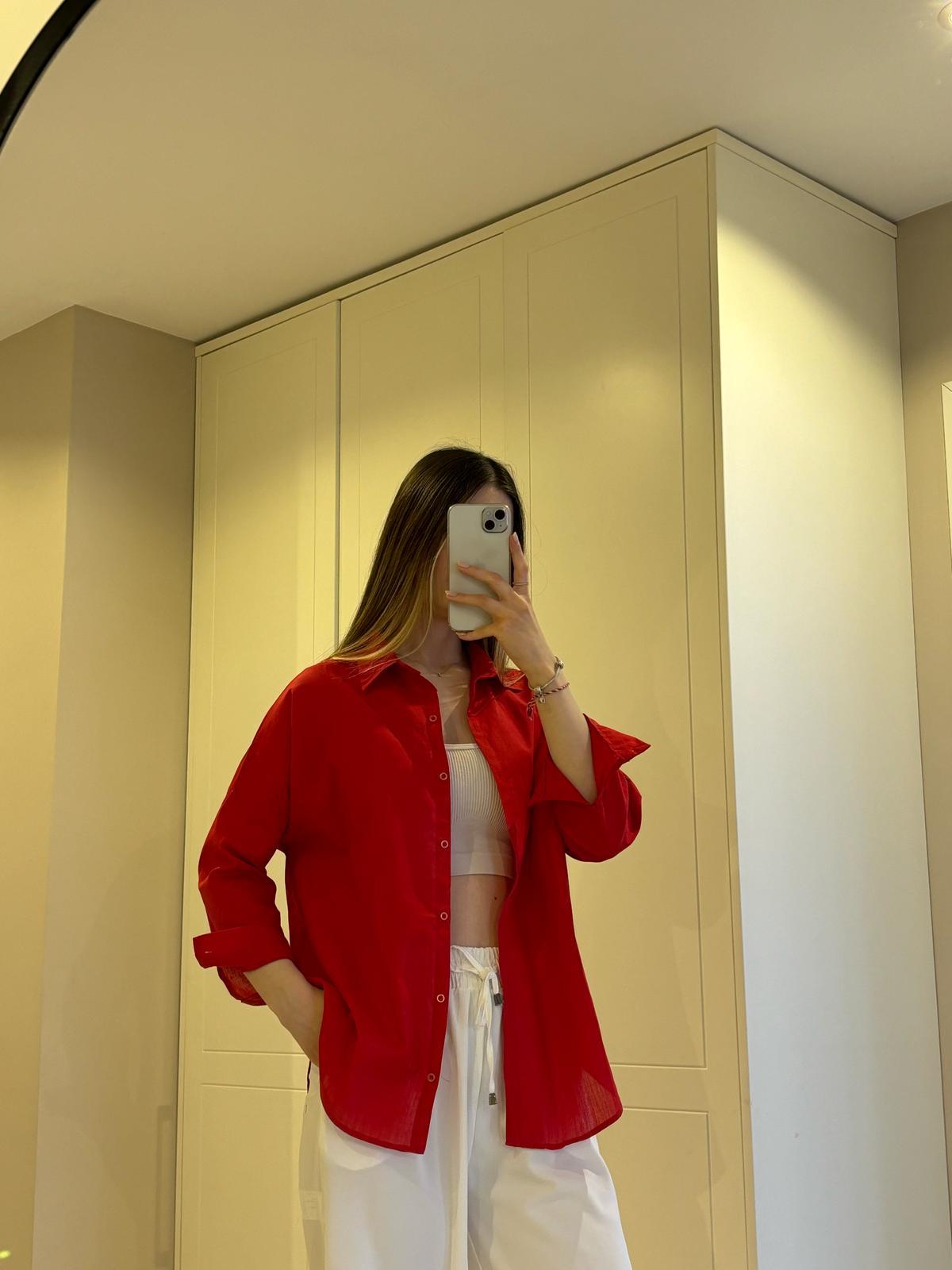 Kırmızı Oversize Keten Gömlek