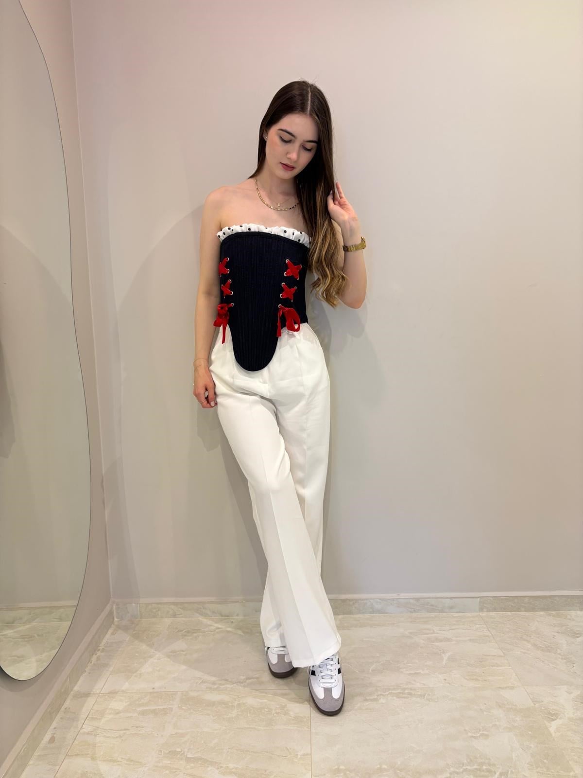 Lacivert Kurdele Detaylı Denim Korse Bluz
